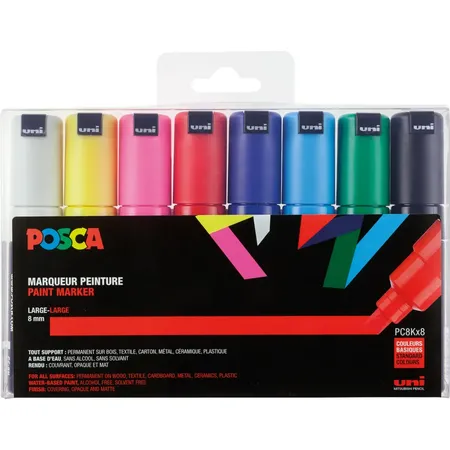 Bild von uni-ball 182608 - POSCA Marker mit breiter Keilspitze, 8er Set, Grundfarben