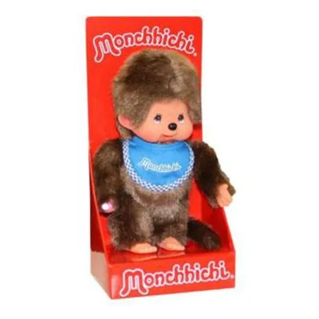 Bild von Sekiguchi 255040 - Original Monchhichi Junge, Plüschtier mit blauem Lätzchen und Zöpfen mit Schleifen, ca. 20 cm großes Kuscheltier aus braunem Plüsch, Braun