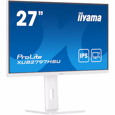 Bild von iiyama ProLite XUB2797HSU 27 Full HD IPS Display weiß 68.5cm (27), 1920 x 1080 IPS 100Hz, 1ms, HDMI, DisplayPort, Lautsprecher 2x 2W, VESA 100 x 100, höhenverstellbar, neigbar, Pivot, drehbar, EEK: E (22kWh/1000h, 69cm), 2x USB3.2 Gen1 Hub [Energieklasse E] (XUB2797HSU-W2)