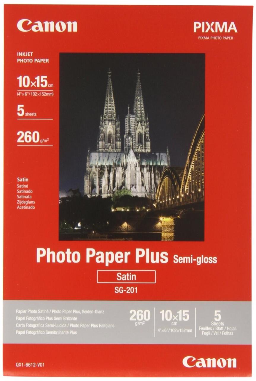 Bild von Canon SG-201, Photo Paper Semi Gloss, 5 Blatt (260 g/m², 10 x 15 cm, 5 x), Fotopapier, Weiss