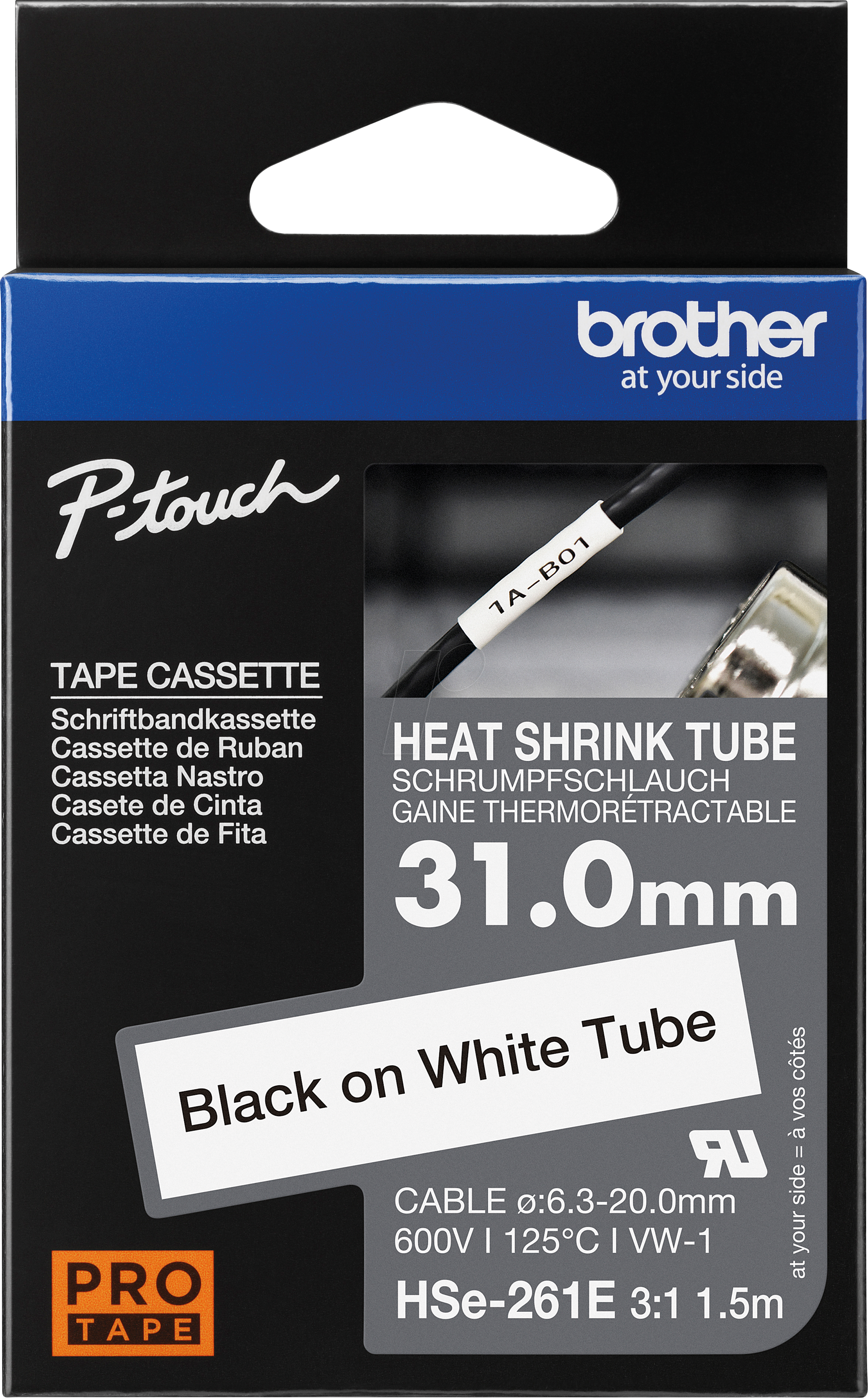 Bild von Brother Beschriftungsband Schrumpfschlauchkassette HSE-261E 31mm schwarz/weiß
