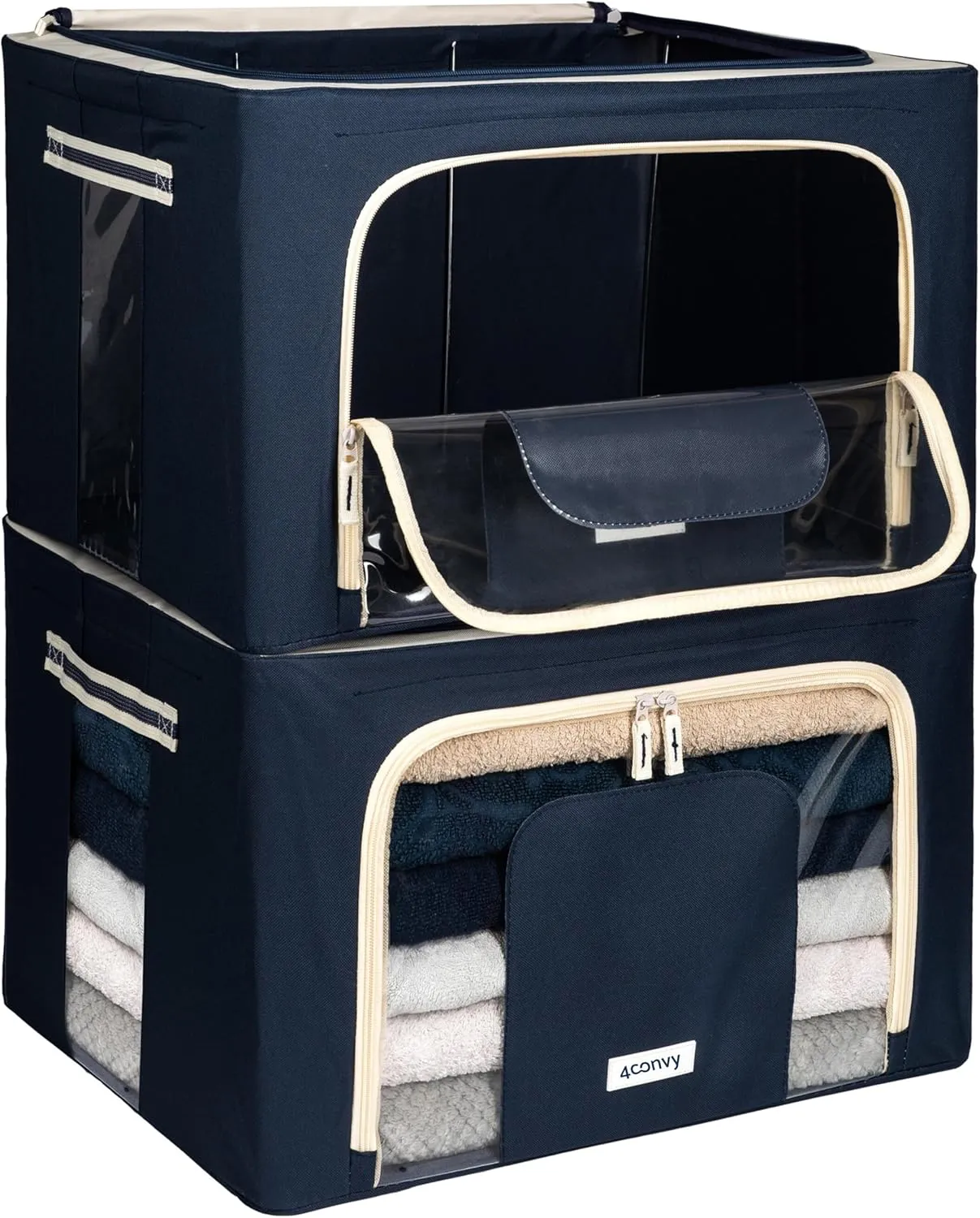 Bild von 4CONVY faltbare Aufbewahrungsbox mit Reißverschluss und Metallrahmen, 2x66L, für Bettdecken und Kleidung, aus verbessertem Material
