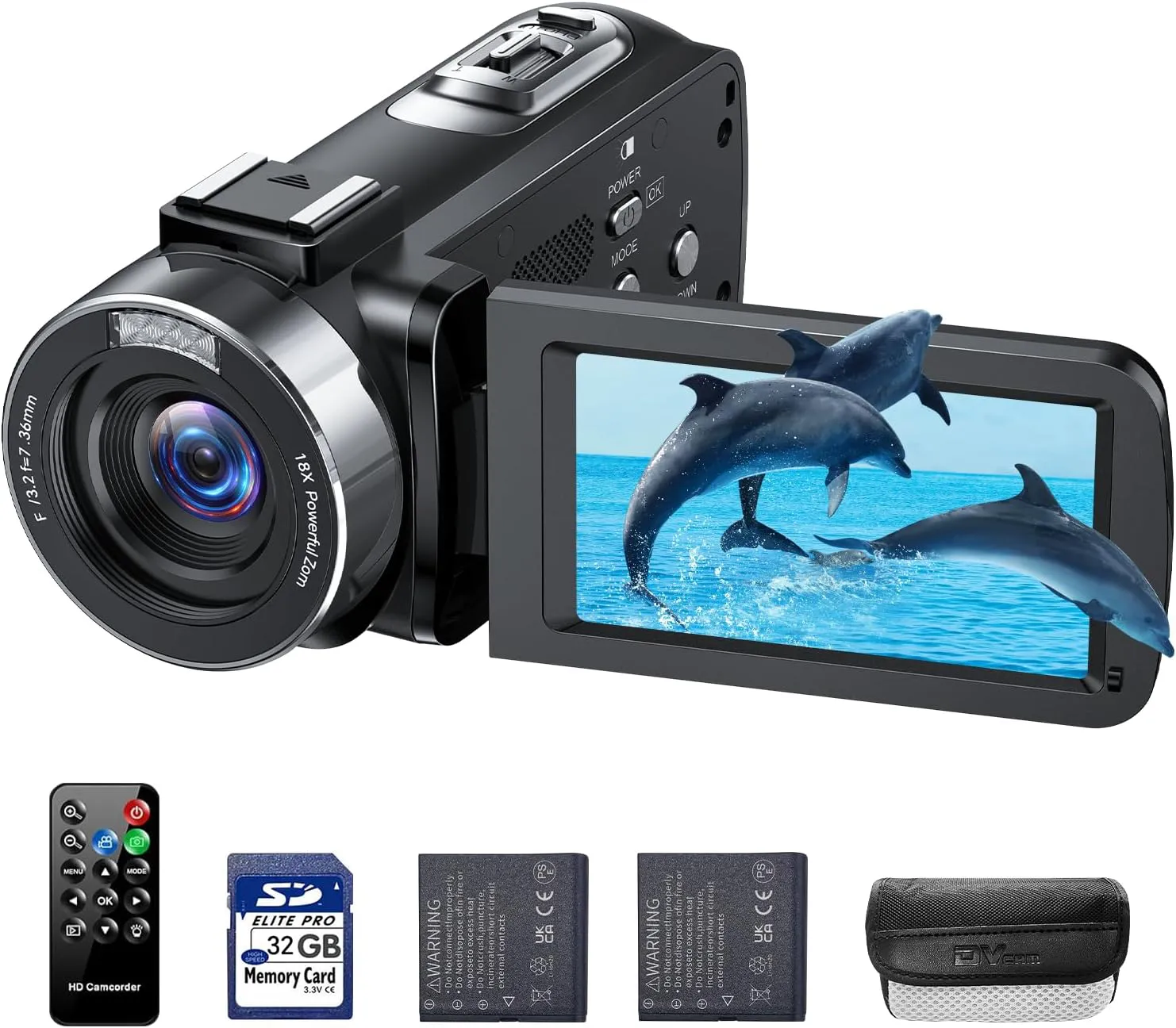 Bild von 4K Camcorder mit 42 MP und 18-fachem Digitalzoom, 3 Zoll drehbarem Bildschirm, inklusive 32 GB SD-Karte, Akkus, Fülllicht und Fernbedienung