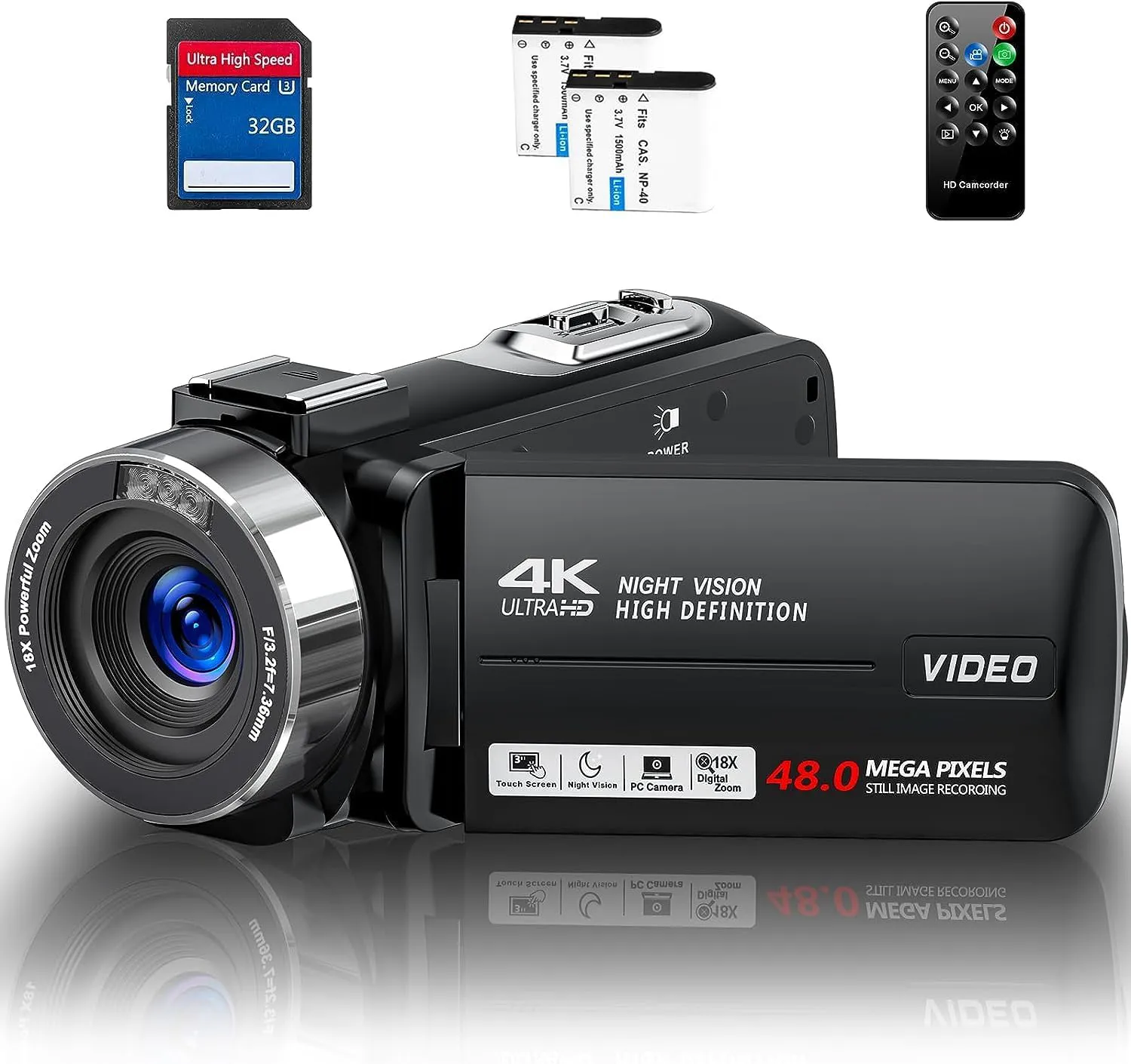 Bild von 4K Camcorder mit 48MP, Nachtsicht, 18X Digitalzoom, 3 Zoll Touchscreen und 32GB SD-Karte, inklusive Fernbedienung und 2 Batterien