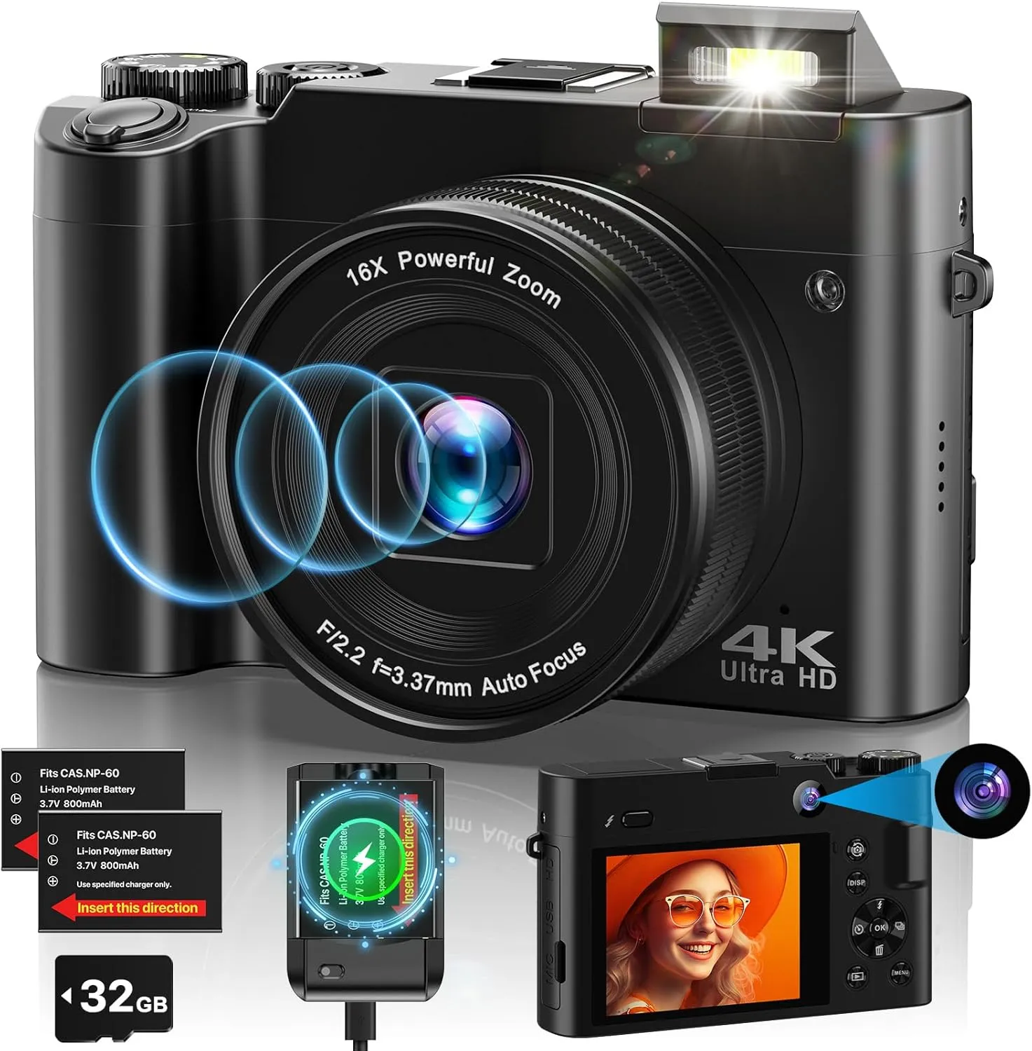 Bild von 4K Digitalkamera mit 64 MP und Autofokus, 2,8 Zoll IPS Bildschirm, 16-fachem Digitalzoom, inklusive 32 GB Karte, Ladegerät und 2 Batterien