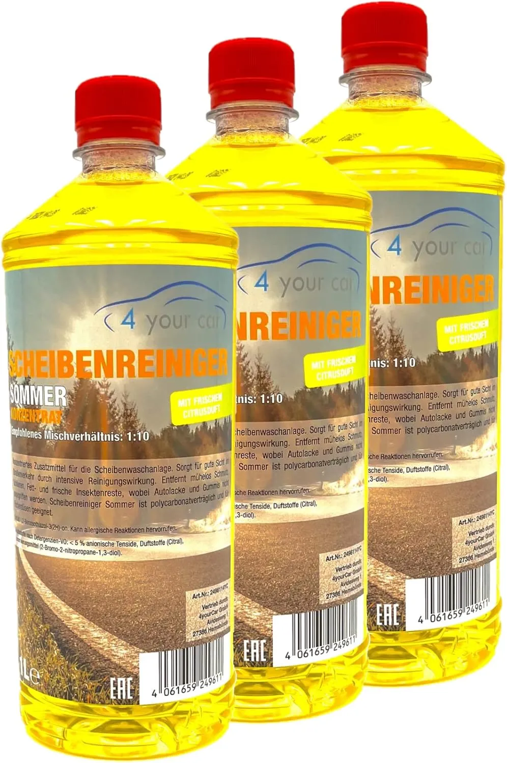 Bild von 4yourcar Sommer Scheibenreiniger Konzentrat mit frischem Citrusduft, 3x1 Liter, Mischverhältnis 1:10