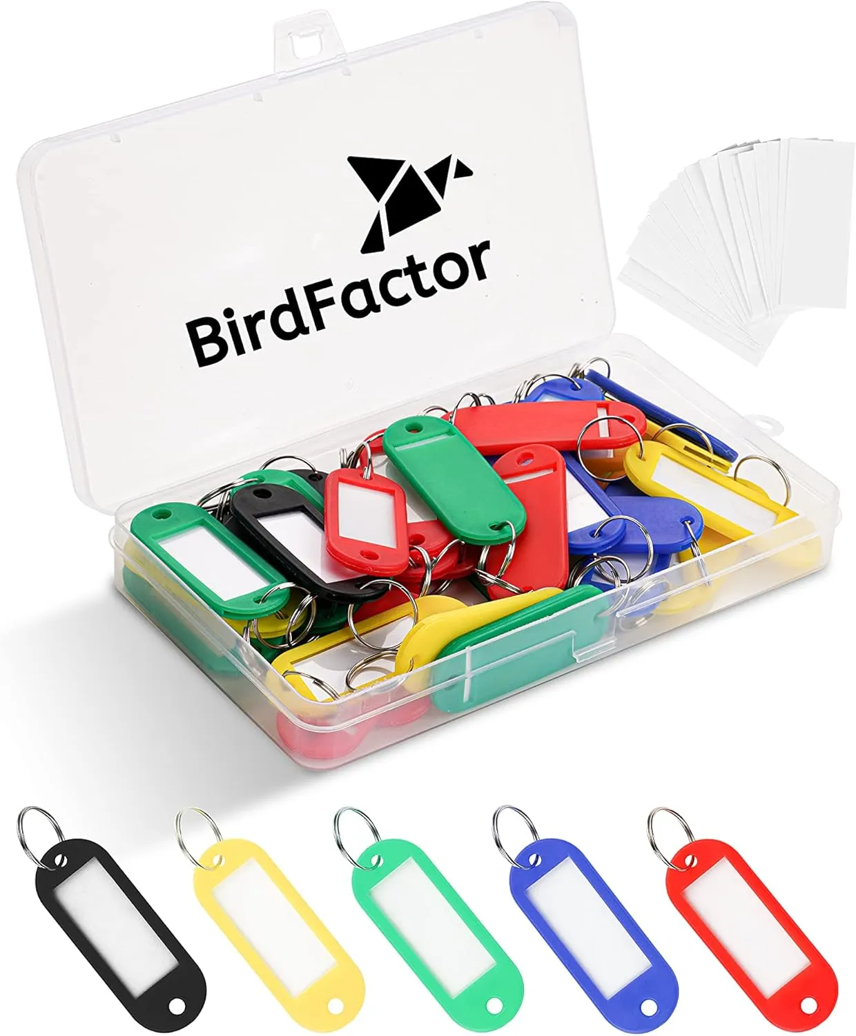 Bild von 50 beschriftbare Schlüsselanhänger in 5 Farben mit Kunststoffbox und extra Etiketten, ideal für Haustiere, Gepäck oder USB Sticks