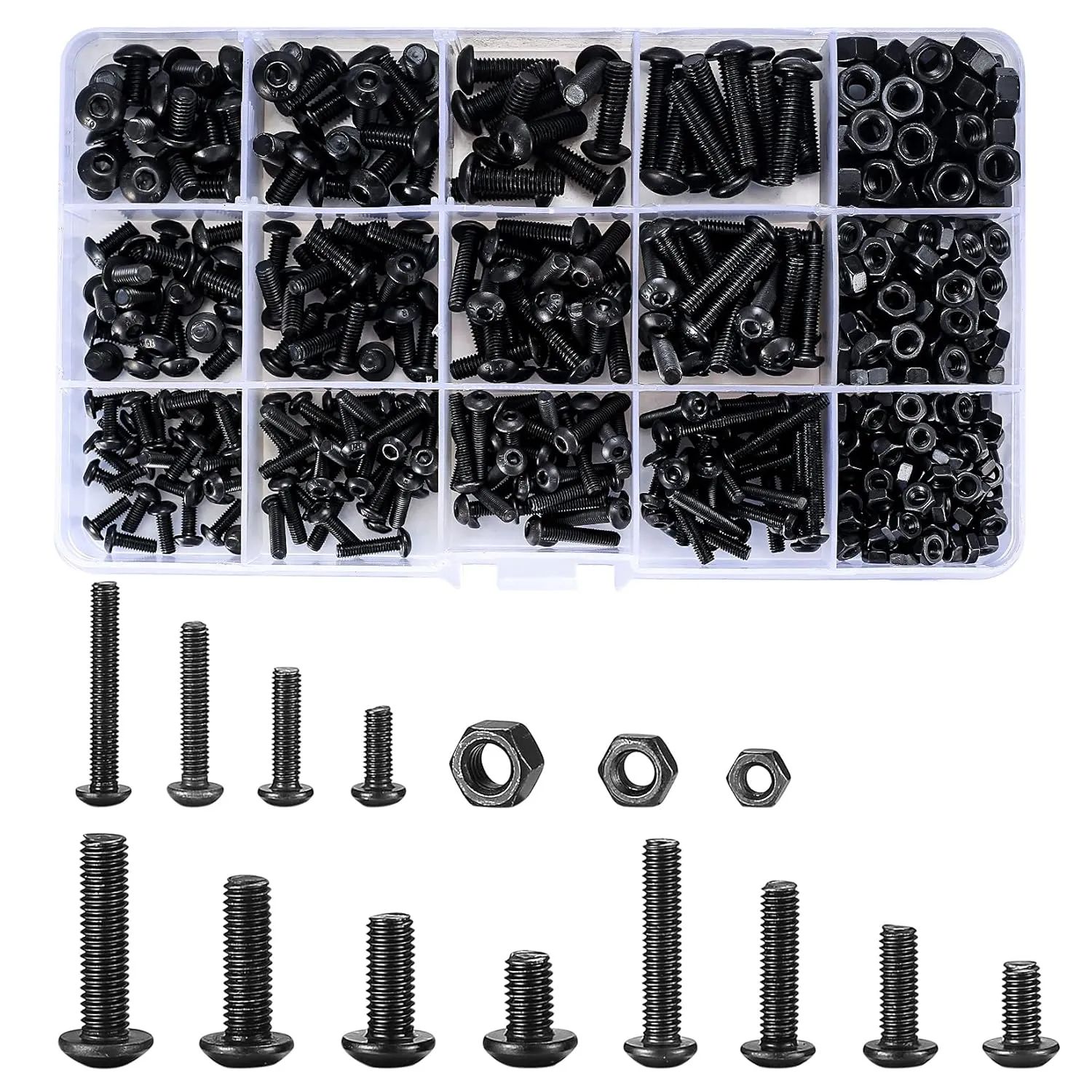 Bild von 500 Teile Schrauben und Muttern Set mit schwarzen Innensechskantschrauben in M3, M4 und M5 aus PTFE