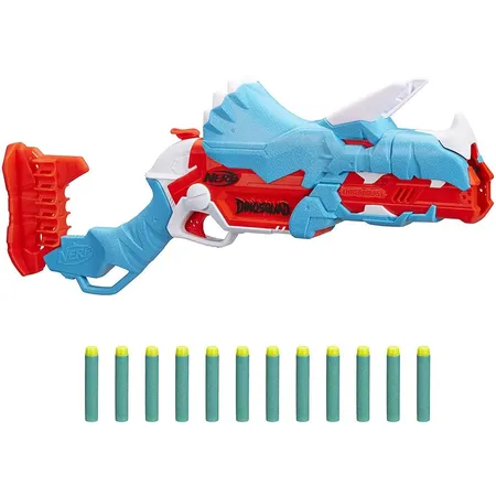 Bild von Nerf DinoSquad Tricera-Blast Dart-Blaster, aufklappbarer 3-Dart Lauf, 12 Nerf Darts