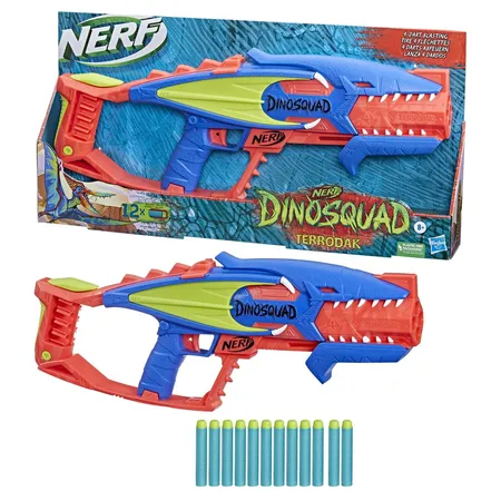 Bild von Nerf DinoSquad Terrodak, 12 Nerf Elite Darts, Dinosaurier-Design, 4-Dart Spielzeug-Blaster, Nerf Blaster für Kinder