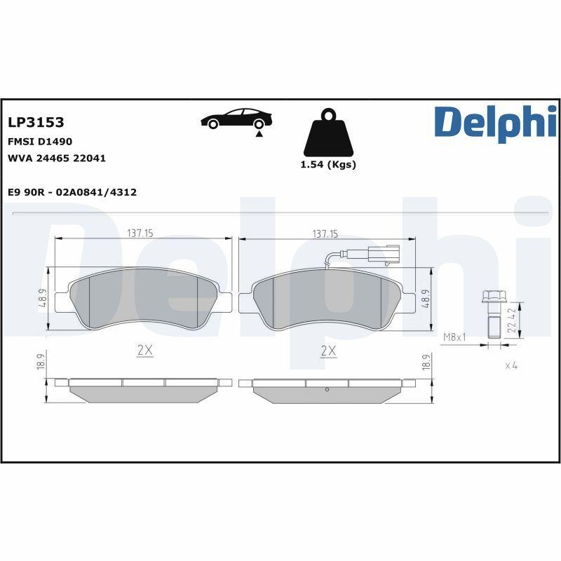 Bild von DELPHI LP3153 Bremsbelagsatz Bremsbeläge, Bremsklötze, Bremssteine inkl. Verschleißwarnkontakt mit Anti-Quietsch-Blech mit Zubehör