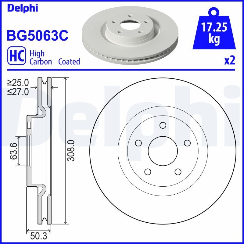 Bild von DELPHI BG5063C Bremsscheibe Bremsscheiben, Scheibenbremsen 308 27 5 Belüftet beschichtet hochgekohlt FORD: Focus Mk4 Turnier, Focus Mk4 Hatchback