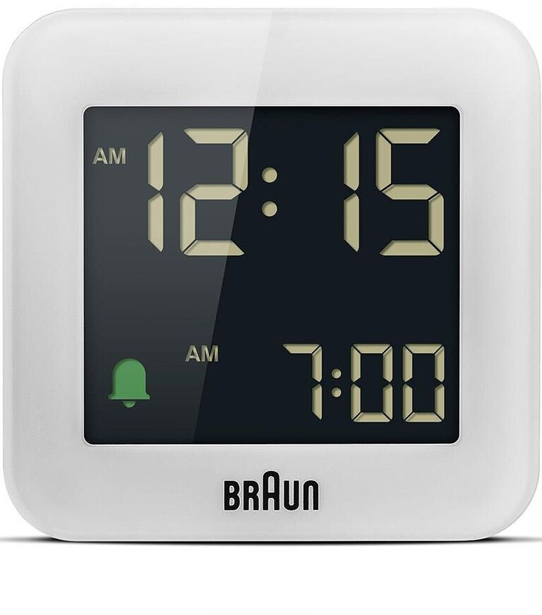 Bild von Braun Digitaler Reisewecker Schlummerfunktion, kompakte Größe, Negatives LC-Display, Schnelleinstellfunktion, Crescendo-Alarm in Weiß, Modell BC08W.