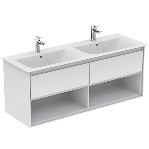 Bild von Ideal Standard Connect Air Möbel-Doppelwaschtischunterschrank, 1200 mm, 2 Auszüge, E0829, Farbe: Weiß glänzend / hellgrau matt