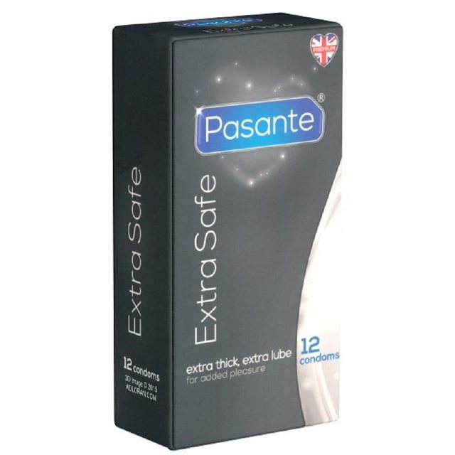 Bild von Pasante Kondome Extra Safe (extra starke Kondome für härtere Beanspruchungen) Packung mit, 12 St., extra feuchte Analkondome aus Latex, Kondome mit besonders extra dicker Wandstärke, ideal für Analverkehr