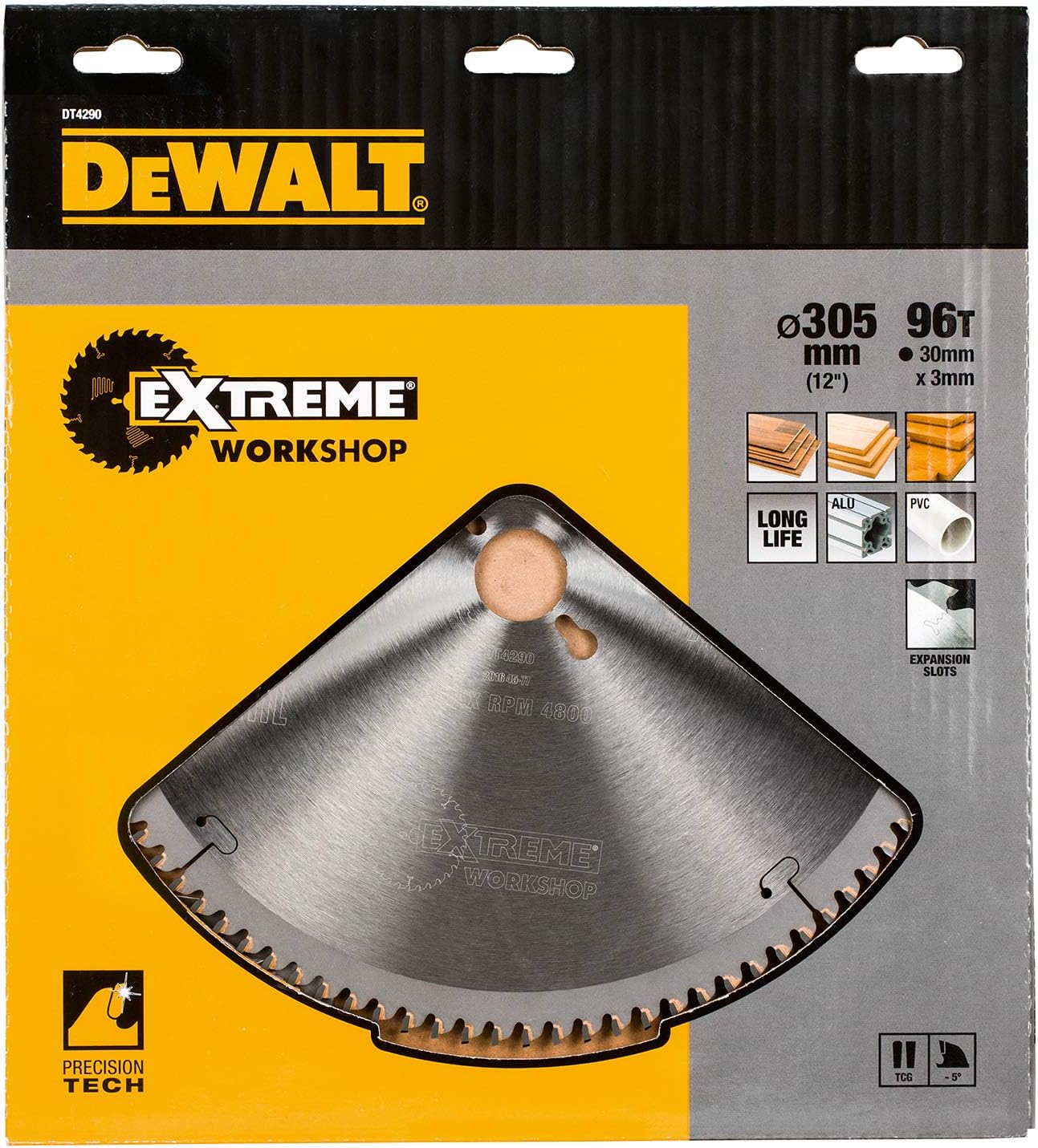 Bild von Dewalt Kreissägeblatt Extreme DT4290 (für den Einsatz auf Stationärsägen, für extra feine Schnitte in Holz, beschichteten Holzwerkstoffen, Kunststoff, Aluminium, Ø 305 mm , Bohrung: 30 mm, 96 Zähne)