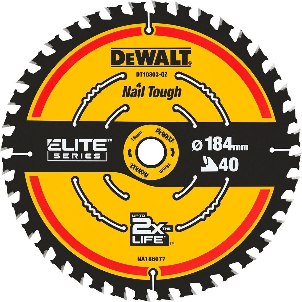 Bild von Dewalt Elite Kreissägeblatt DT10303 (Sägeblatt-ø 184/16 mm, Schnittbreite: 1,65 mm, 40 Zähne, Zahngeometrie: WZ, Zahnwinkel: 18°, ultra-scharfe Hartmetall-Zähne, mit Nail Tough, für feine Schnitte)