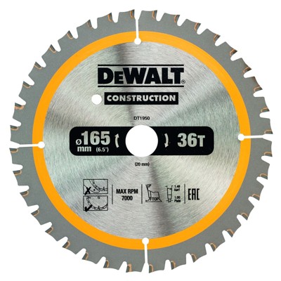 Bild von Dewalt Bau-Kreissägeblatt Construction für Akku-Handkreissäge DT1950 (165/20mm 36WZ, 20° Zahnwinkel, 1,5mm Schnittbreite, für feine Schnitte & Aluminium, mit Nail Tough zum Sägen von Holz mit Nägeln)