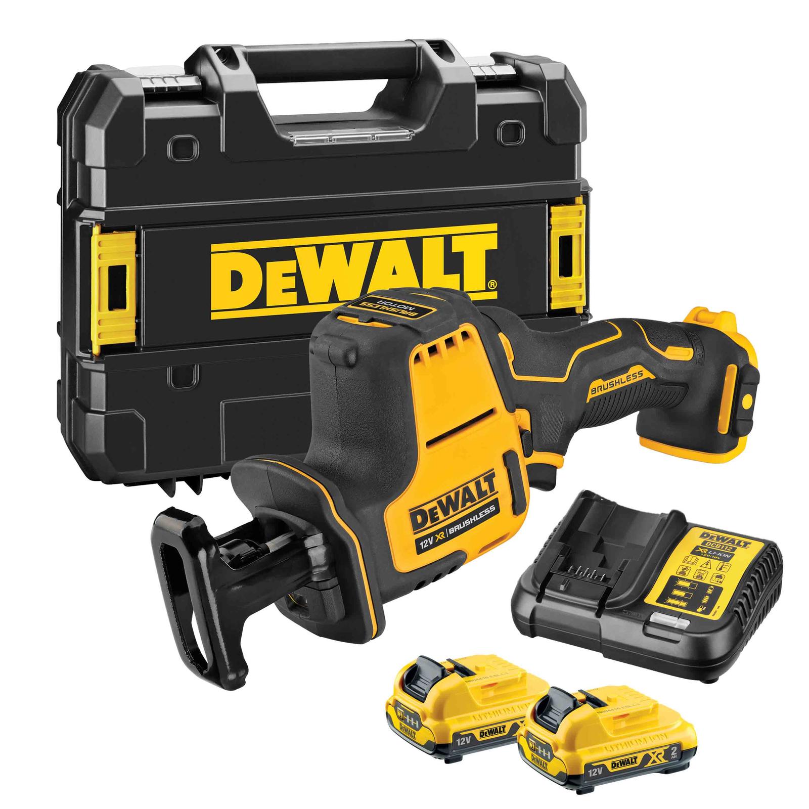 Bild von DEWALT 12 Volt Akku Kompakt-Säbelsäge DCS312D2 (bürstenloser Motor, elektronische Hubzahlregulierung, werkzeugloser Blattwechsel, mit LED-Licht, inkl. 2x Akkus, Schnellladegerät, TSTAK-Box II)