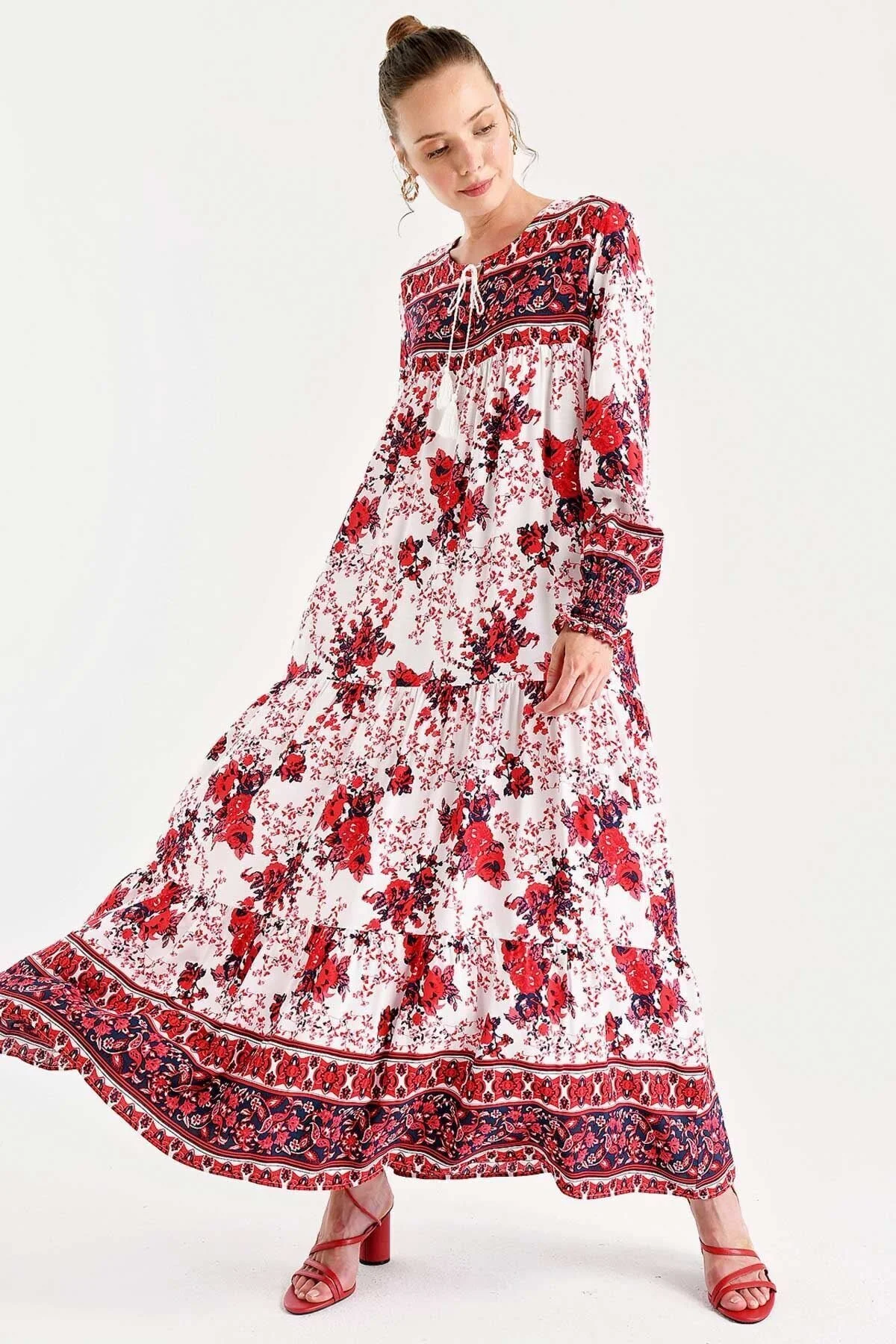 Bild von Bigdart Kleid Mit Roten Ärmeln, Geraffter Robe Und Blumenmuster für Damen - 38
