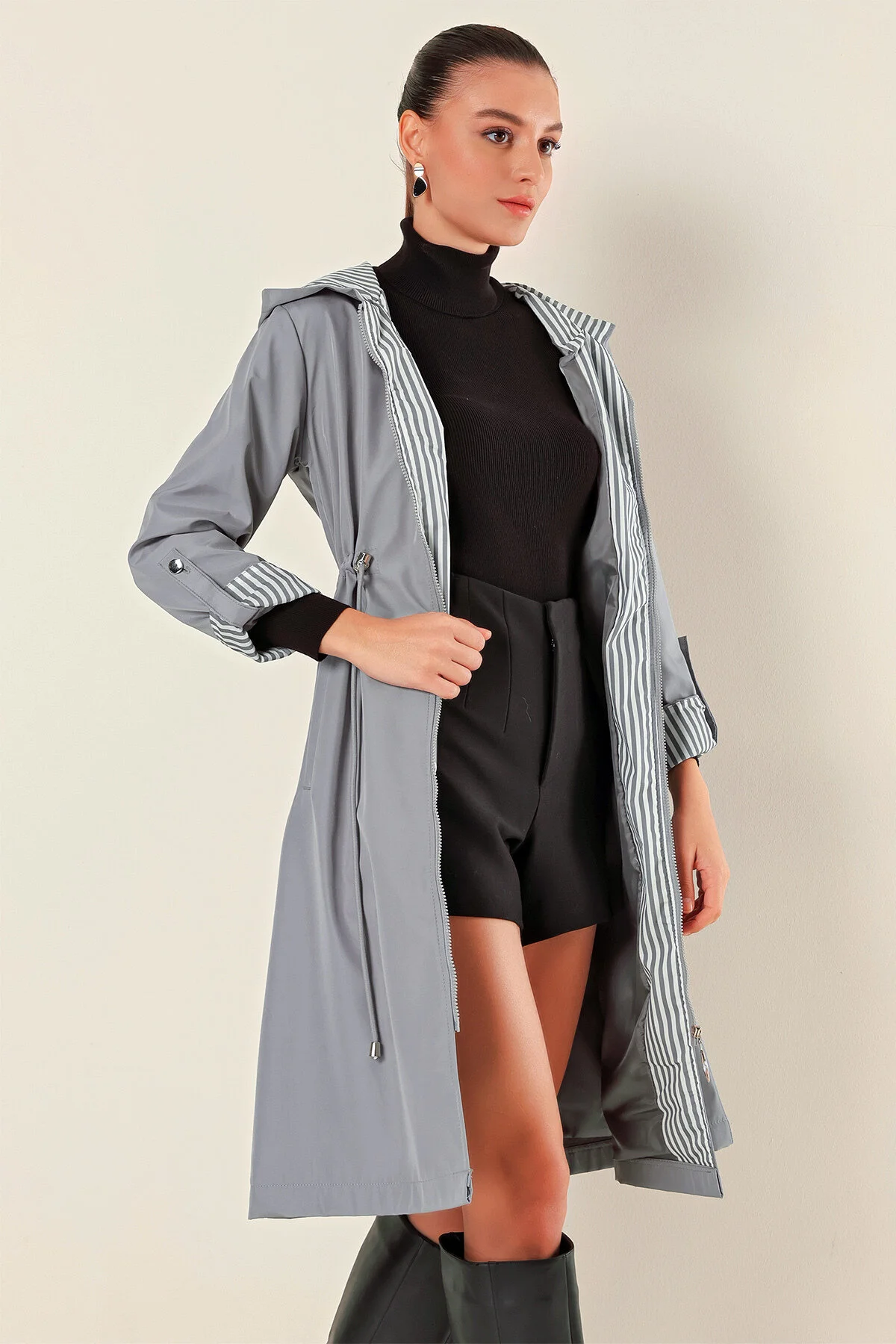 Bild von Bigdart 9091 Trenchcoat Mit Kapuze Und Kordelzug An Der Taille – Grau für Damen - 44