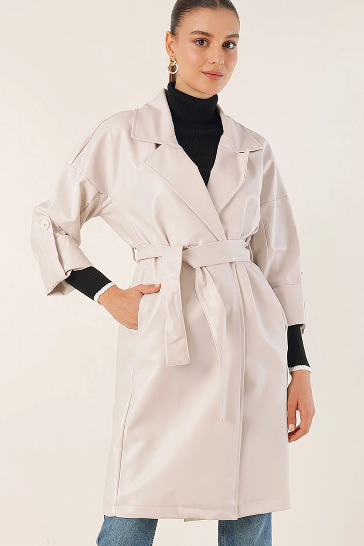 Bild von Bigdart 1034 Trenchcoat Aus Kunstleder Mit Gürtel – Ecru für Damen - 36