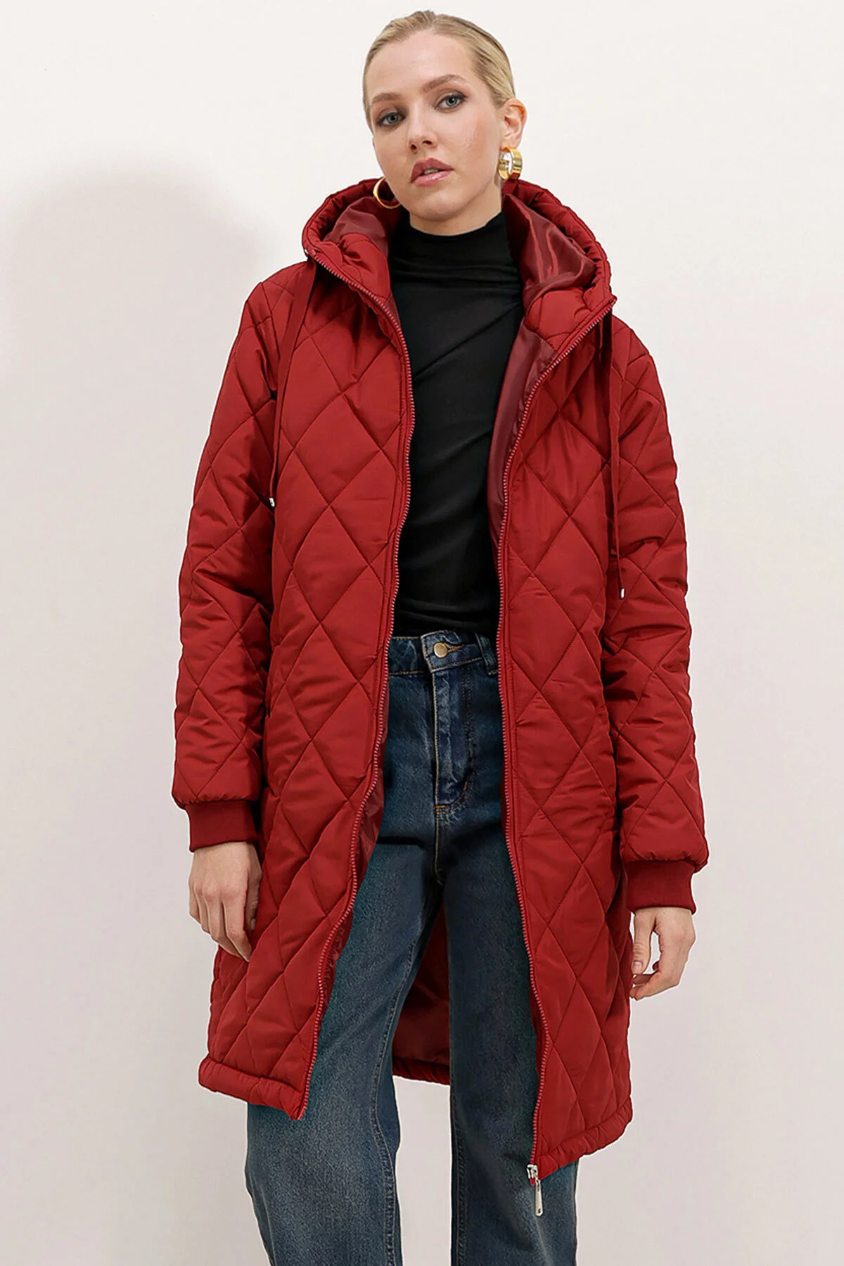 Bild von Bigdart 5138 Gesteppte Lange Pufferjacke Weinrot für Damen - 42