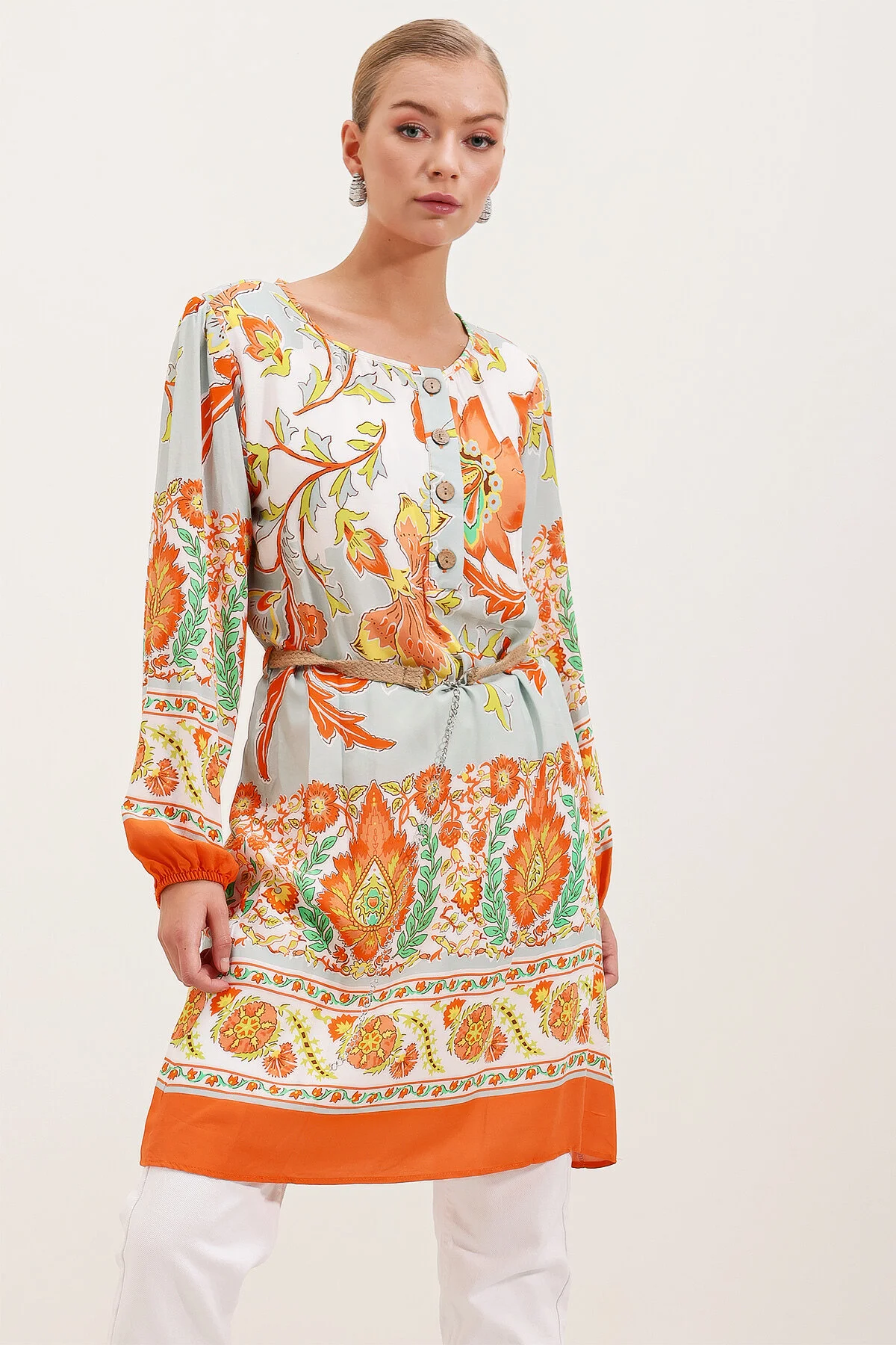 Bild von Bigdart 5902 Gemustertes Kleid Mit Gürtel Orange für Damen - 36