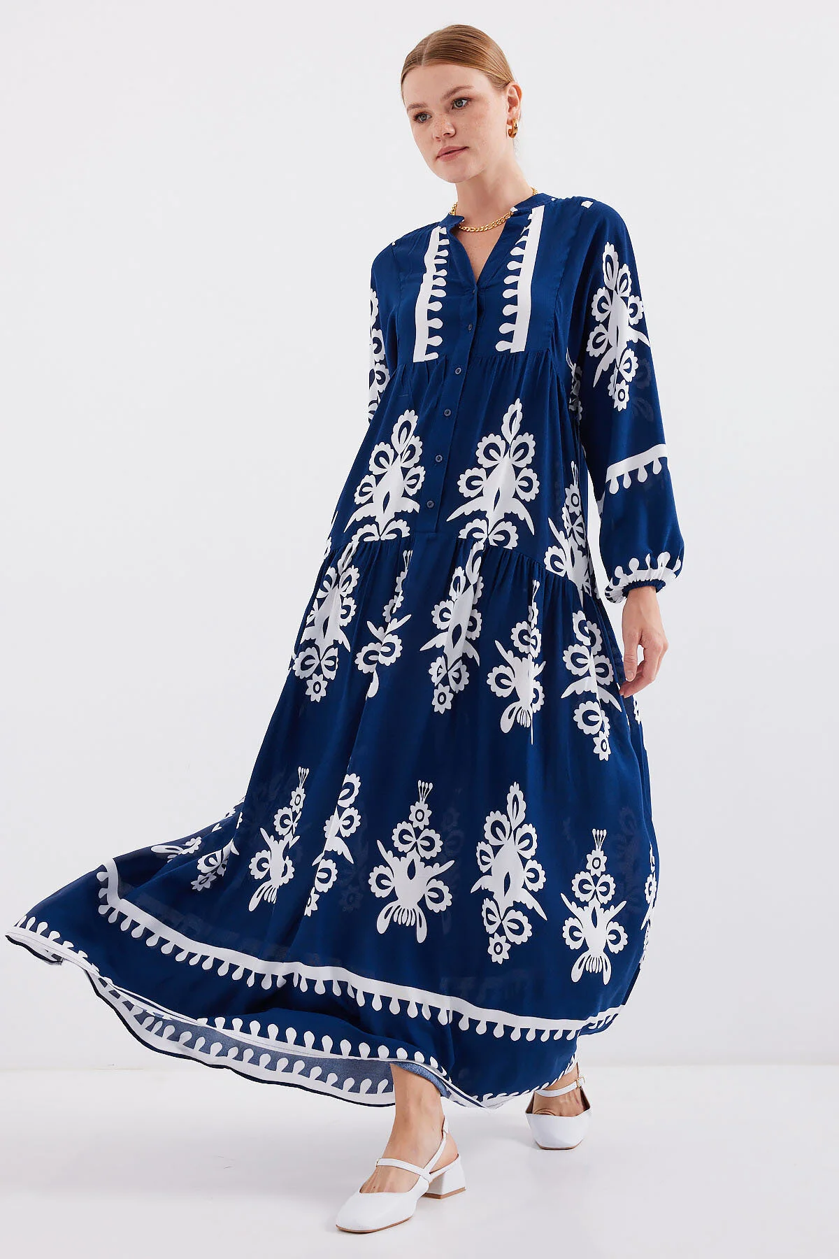 Bild von Bigdart 2423 Modell Authentic Gemustertes Marineblaues Kleid für Damen - 38