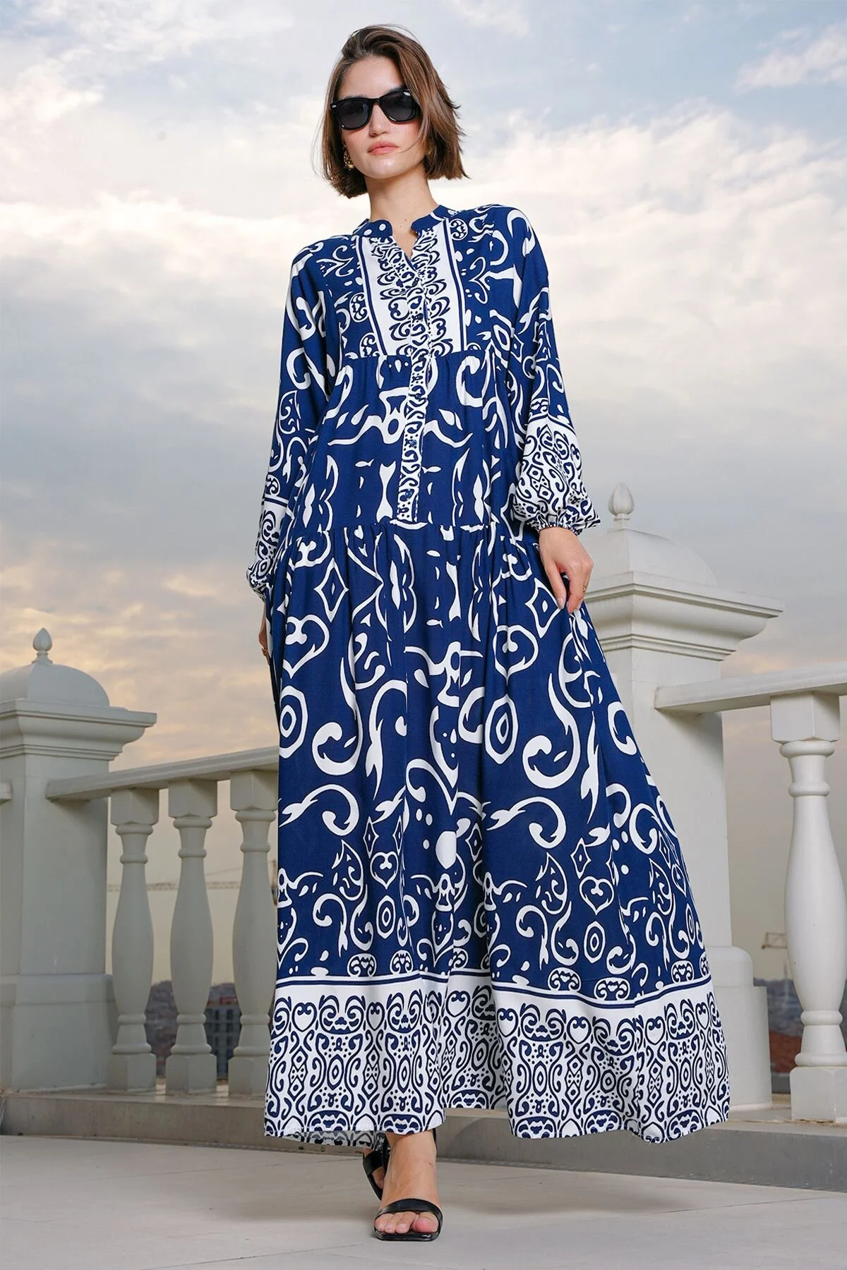 Bild von Bigdart Authentisches, Gemustertes, Marineblaues Kleid, Modell 2423 für Damen - 40