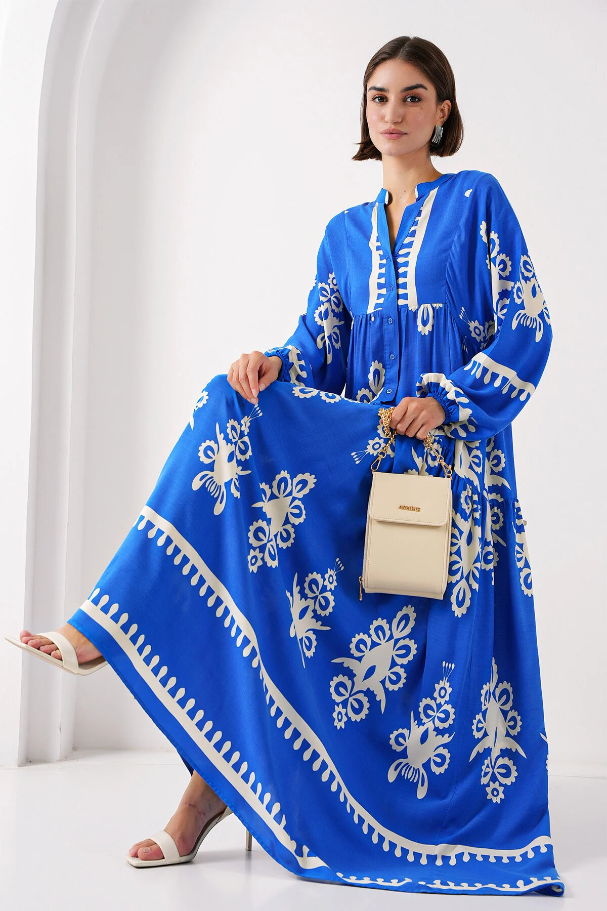 Bild von Bigdart 2423 Modell Weiß Marineblau Authentisches Gemustertes Kleid für Damen - 42