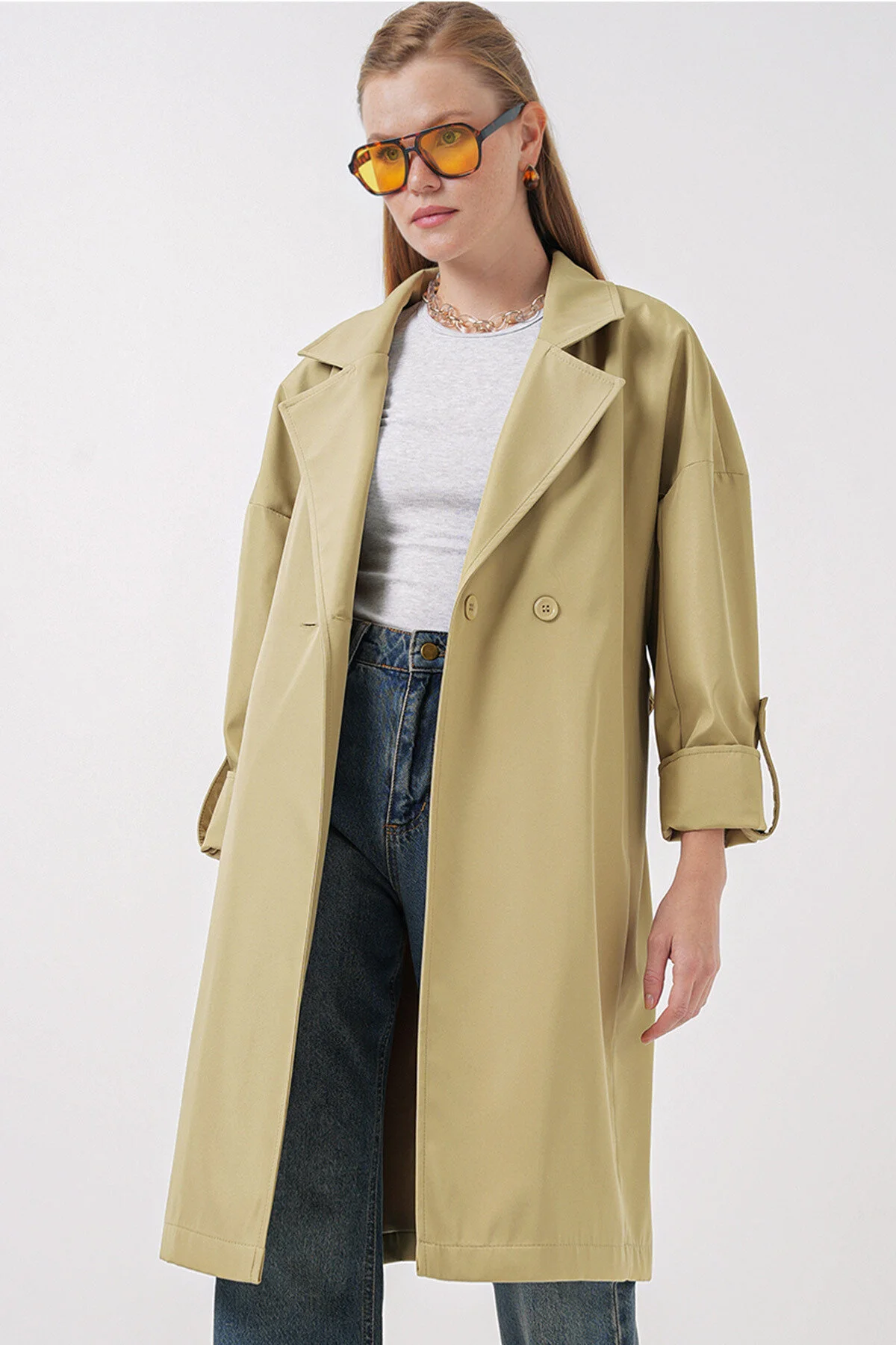 Bild von Bigdart 9104 Zweireihiger Trenchcoat Mit Kragenfutter – Ölgrün für Damen - 36
