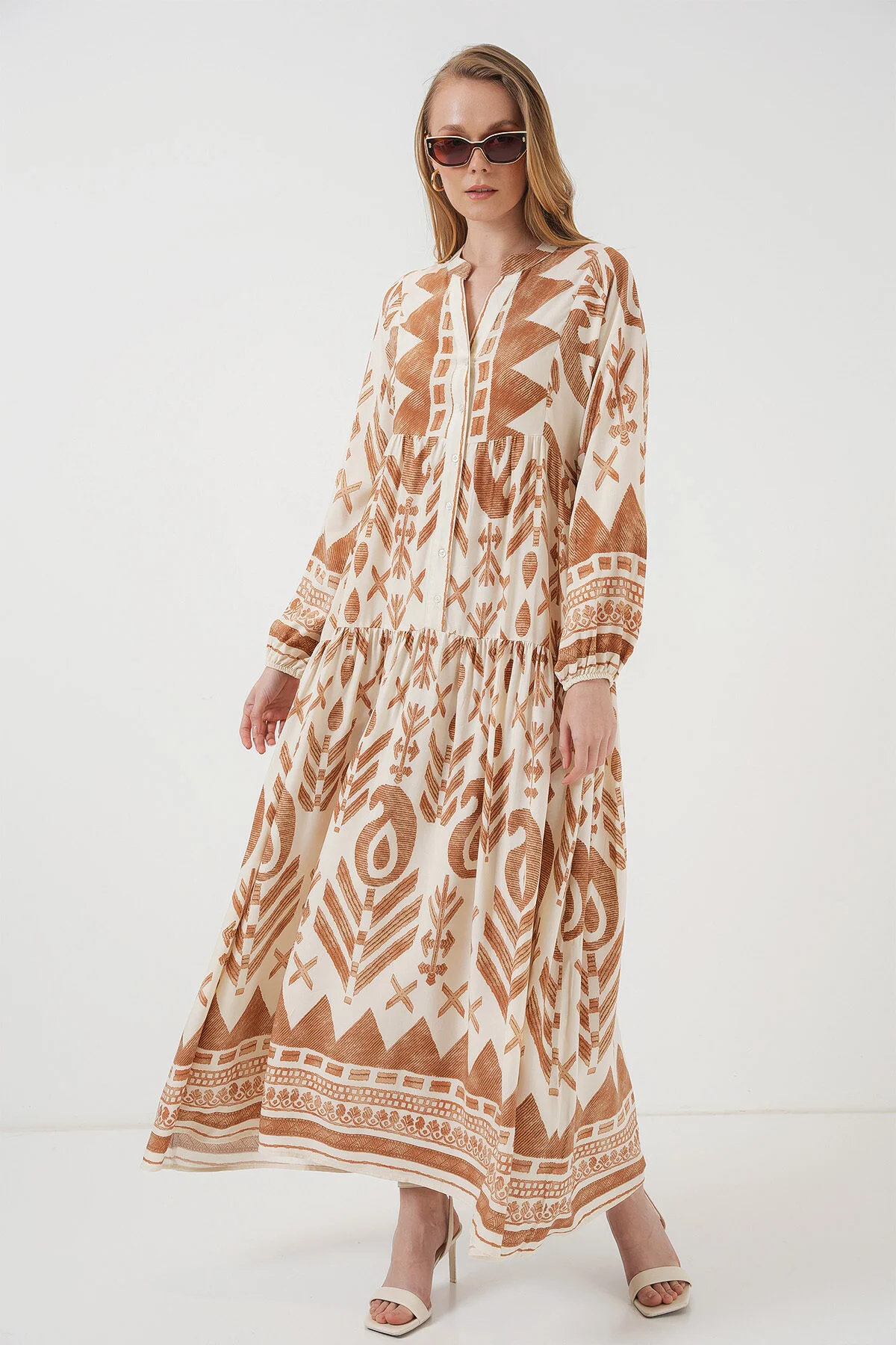 Bild von Bigdart 2423 Authentisches, Gemustertes Kleid – B. Senf für Damen - 44