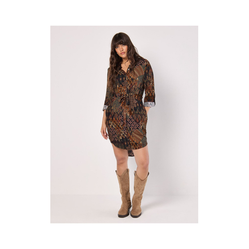 Bild von Apricot Tribal Ikat Patchwork Hemdkleid für Damen - L