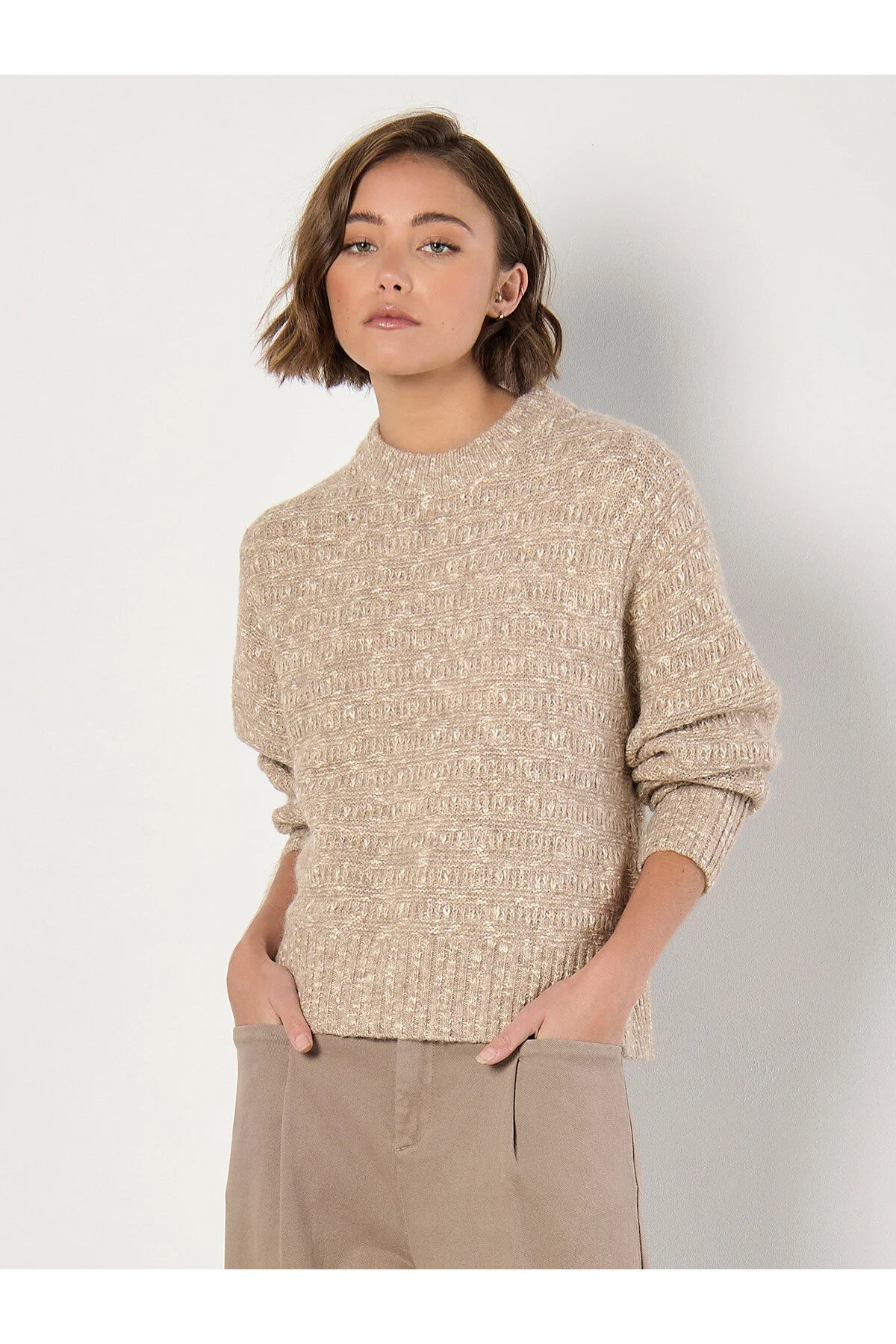 Bild von Apricot Zweifarbiger Strickpullover für Damen - XL