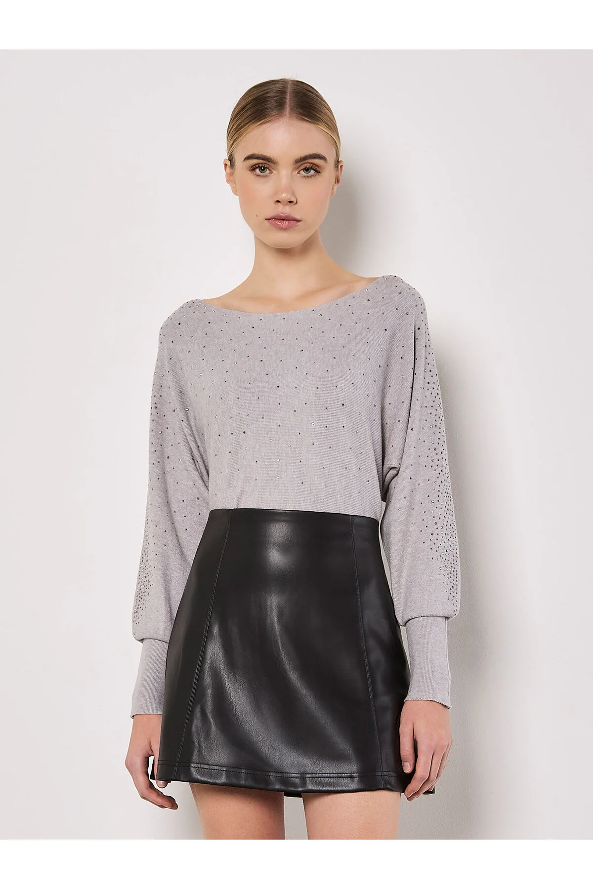 Bild von Apricot Gerippter Batwing Pullover Mit Nietenausschnitt für Damen - XL
