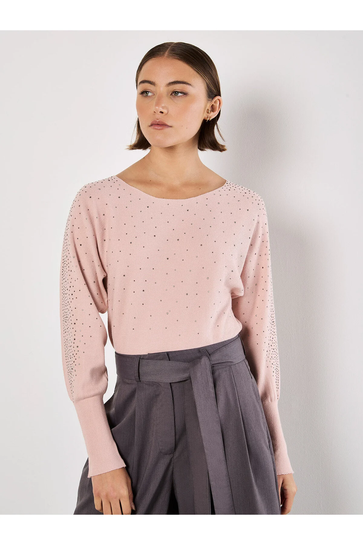 Bild von Apricot Strickpullover Gerippter Batwing Pullover, mit Nietenausschnitt