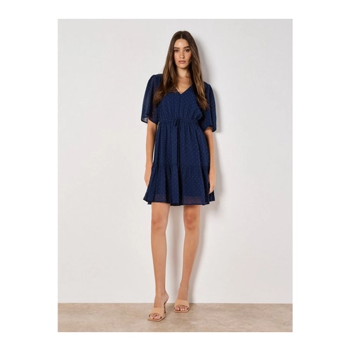 Bild von Apricot Rüschenkleid Mit Bindegürtel für Damen - M, Apricot Chiffonkleid Minikleid, mit Punkten