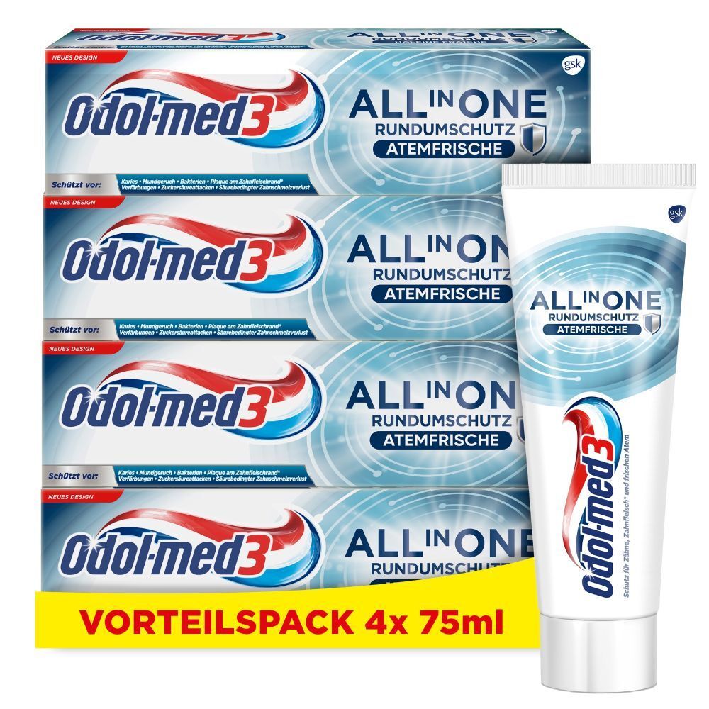 Bild von Odol-med3 All in One Rundumschutz Atemfrische Zahnpasta, 4x75ml - für ein reines und extra frisches Mundgefühl.