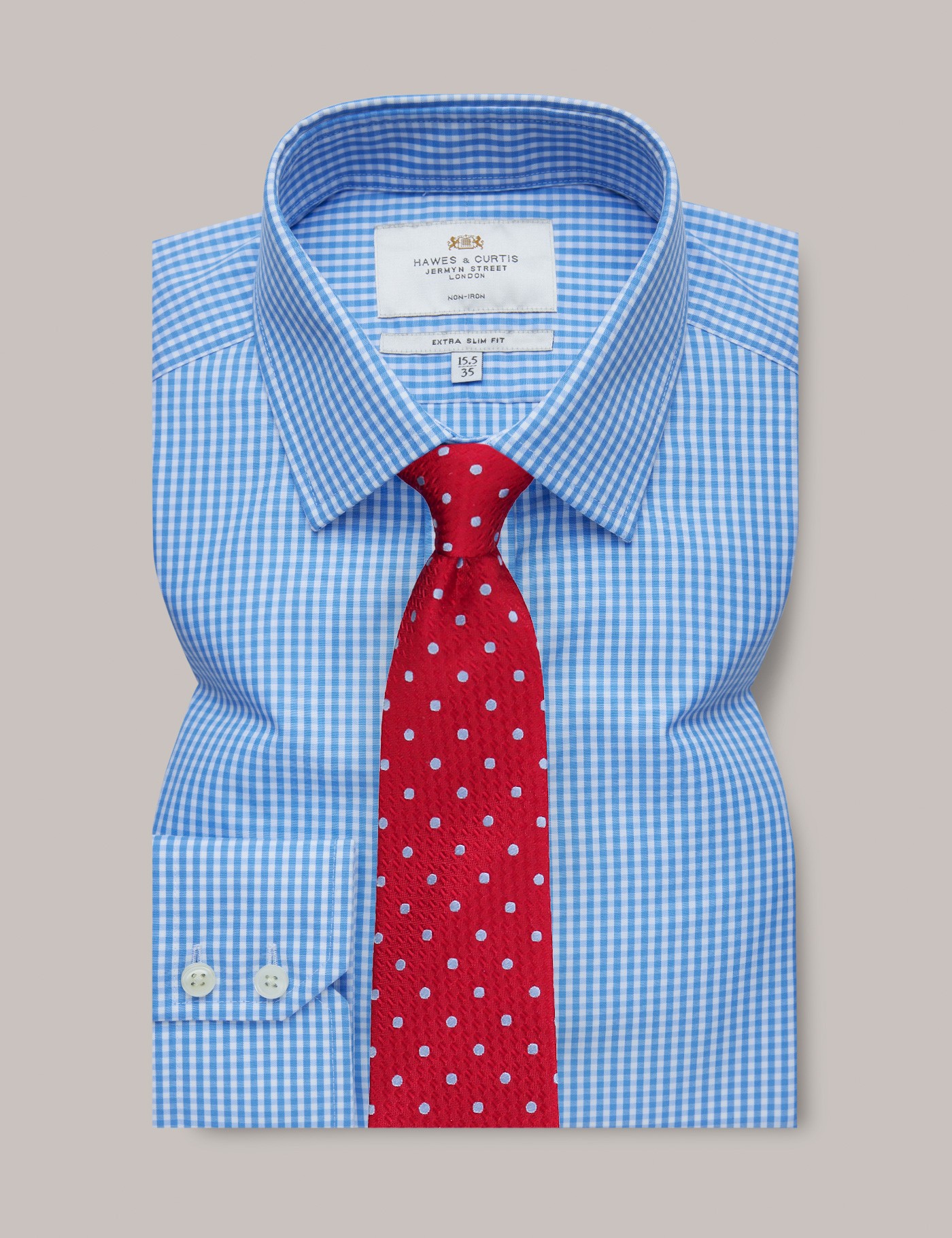 Bild von Hawes & Curtis Bügelfreies Businesshemd – Extra Slim Fit – Kentkragen – hellblau weiß Gingham Karo Blau/Weiß Bügelfrei Kariert Men's