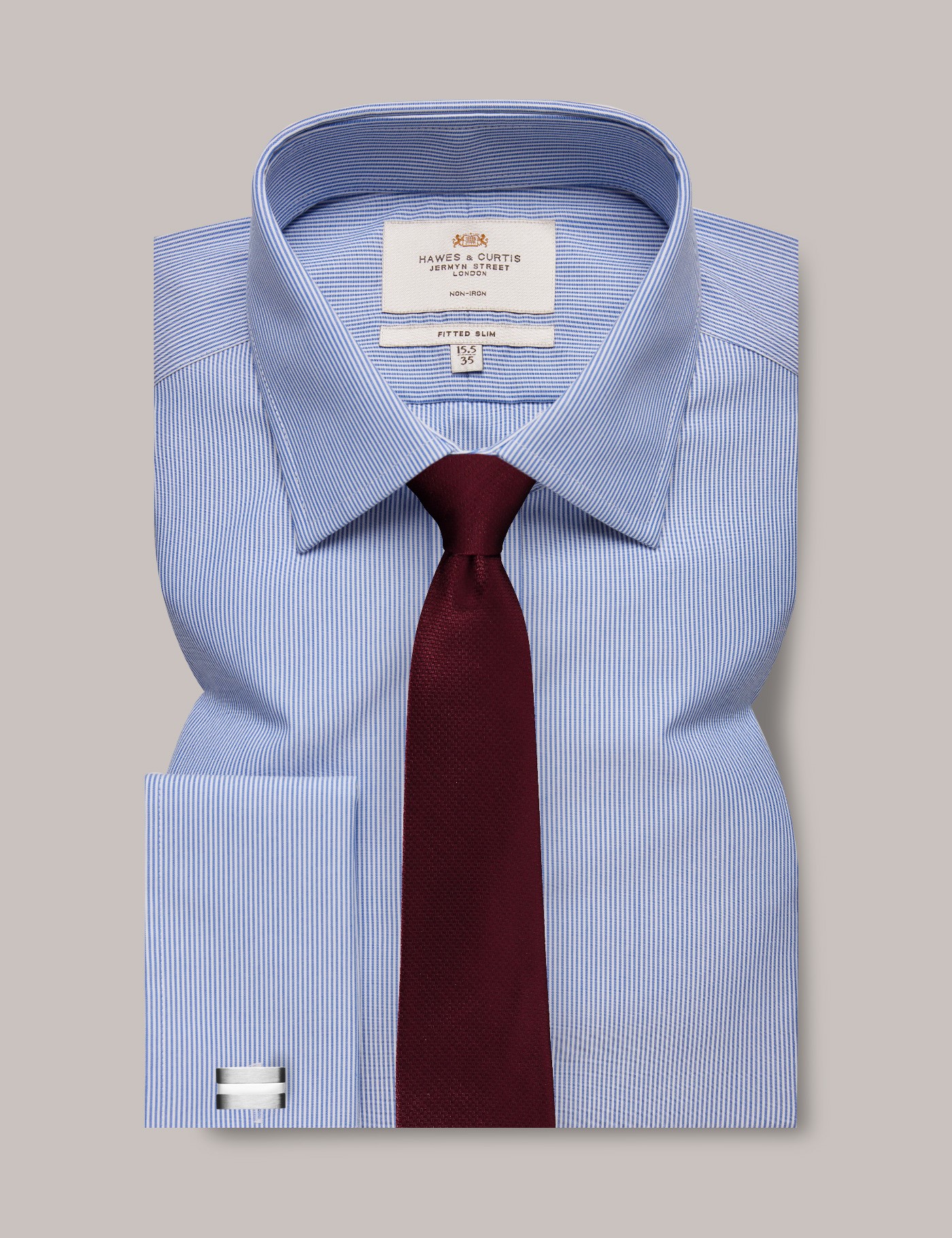 Bild von Hawes & Curtis Bügelfreies Businesshemd – Fitted Slim Fit – Manschetten – blau weiß feine Streifen Blau/Weiß Bügelfrei Gestreift Men's