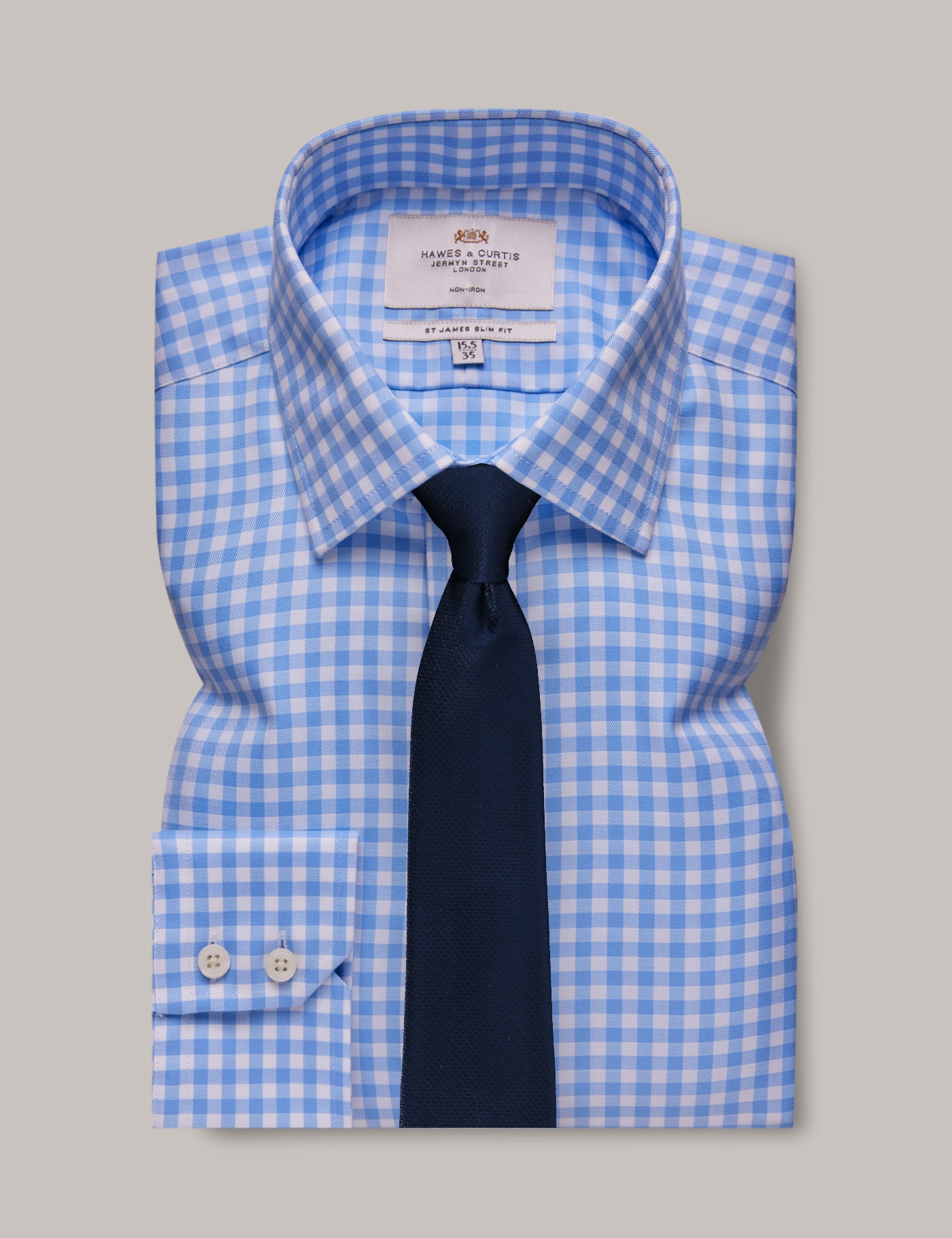 Bild von Hawes & Curtis Bügelfreies Businesshemd – Slim Fit – Kentkragen – weiß blau Gingham Karo Blau/Weiß Bügelfrei Kariert Men's