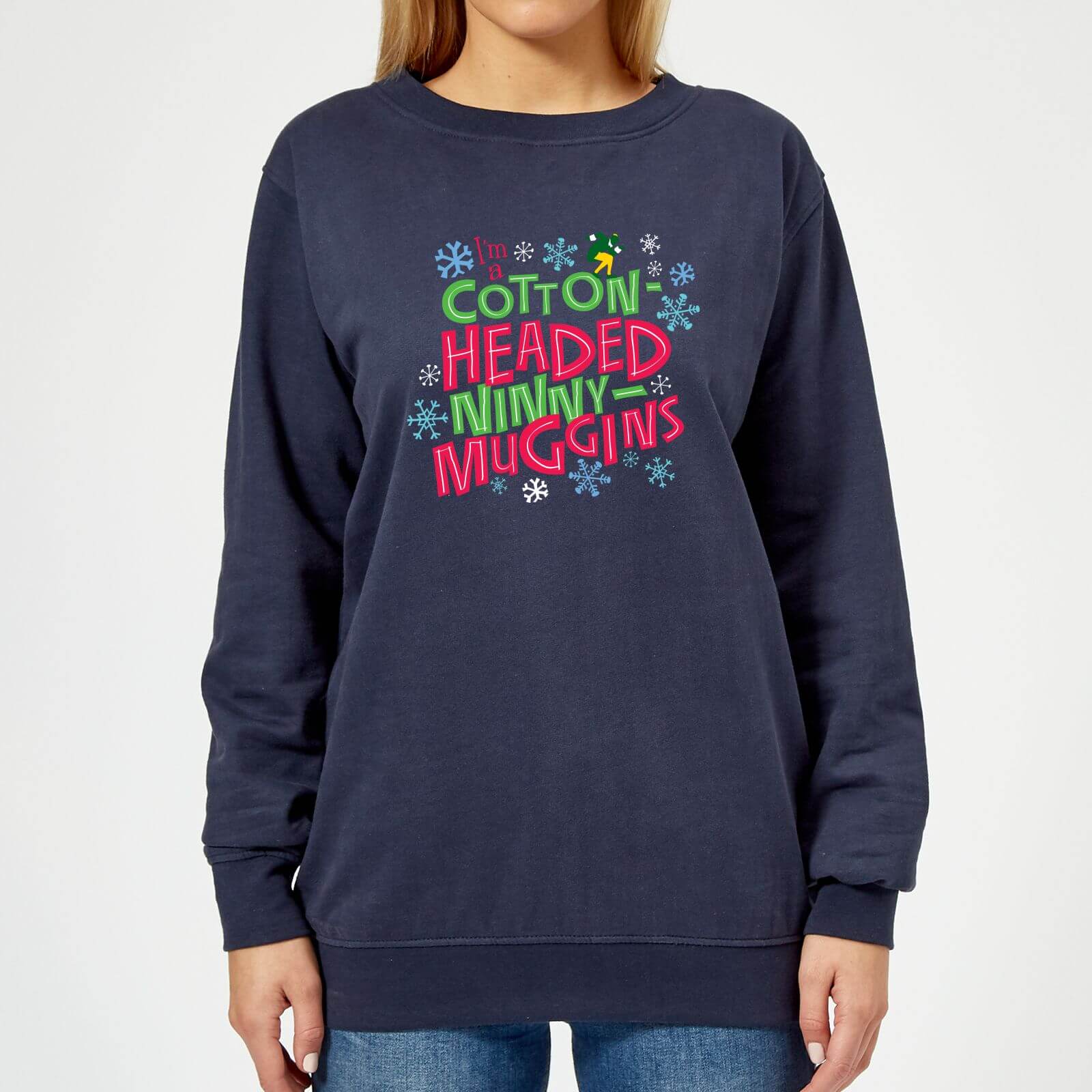 Bild von Elf Cotton-Headed Ninny-Muggins Damen Weihnachtspullover – Navy - M