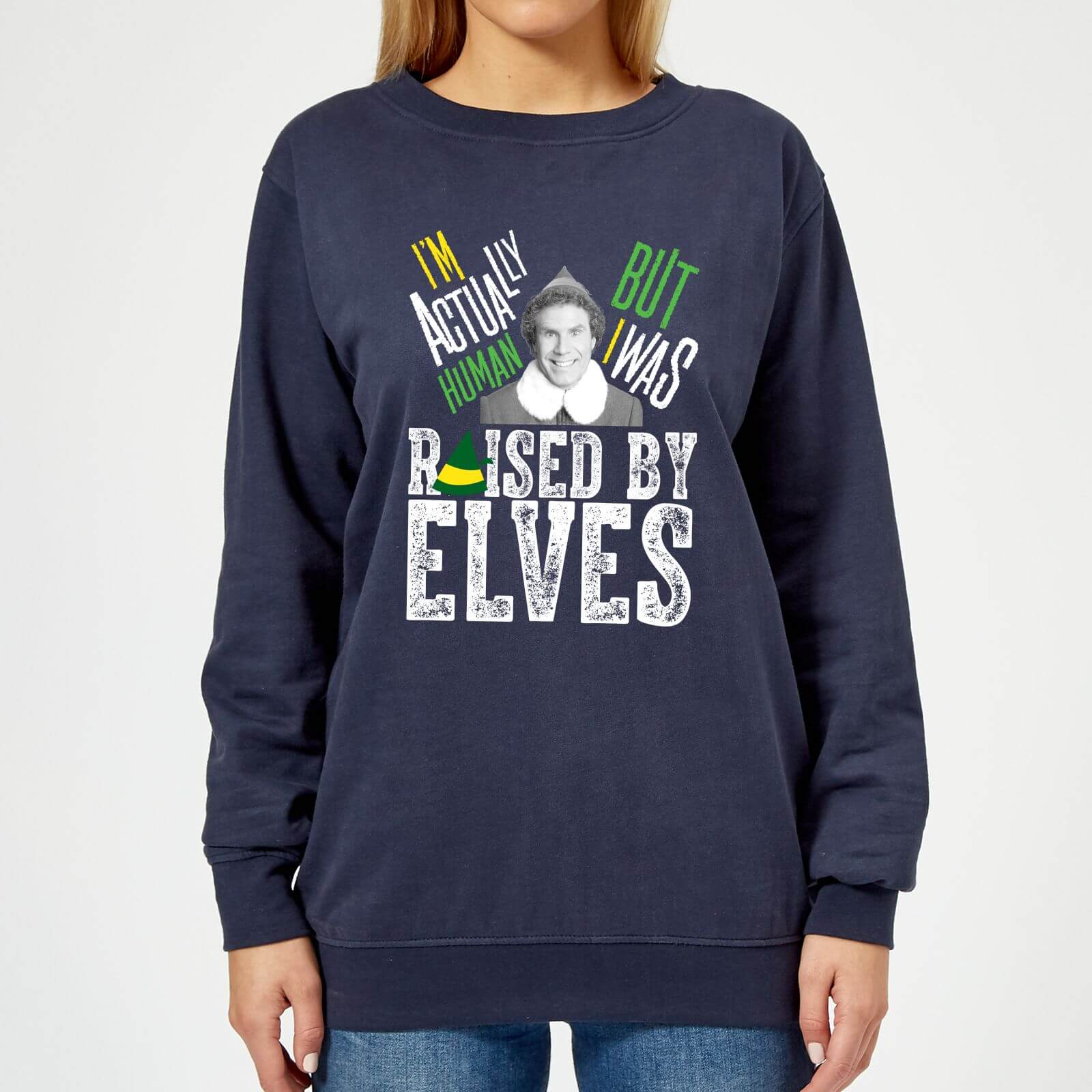 Bild von Elf Raised By Elves Damen Weihnachtspullover – Navy - L