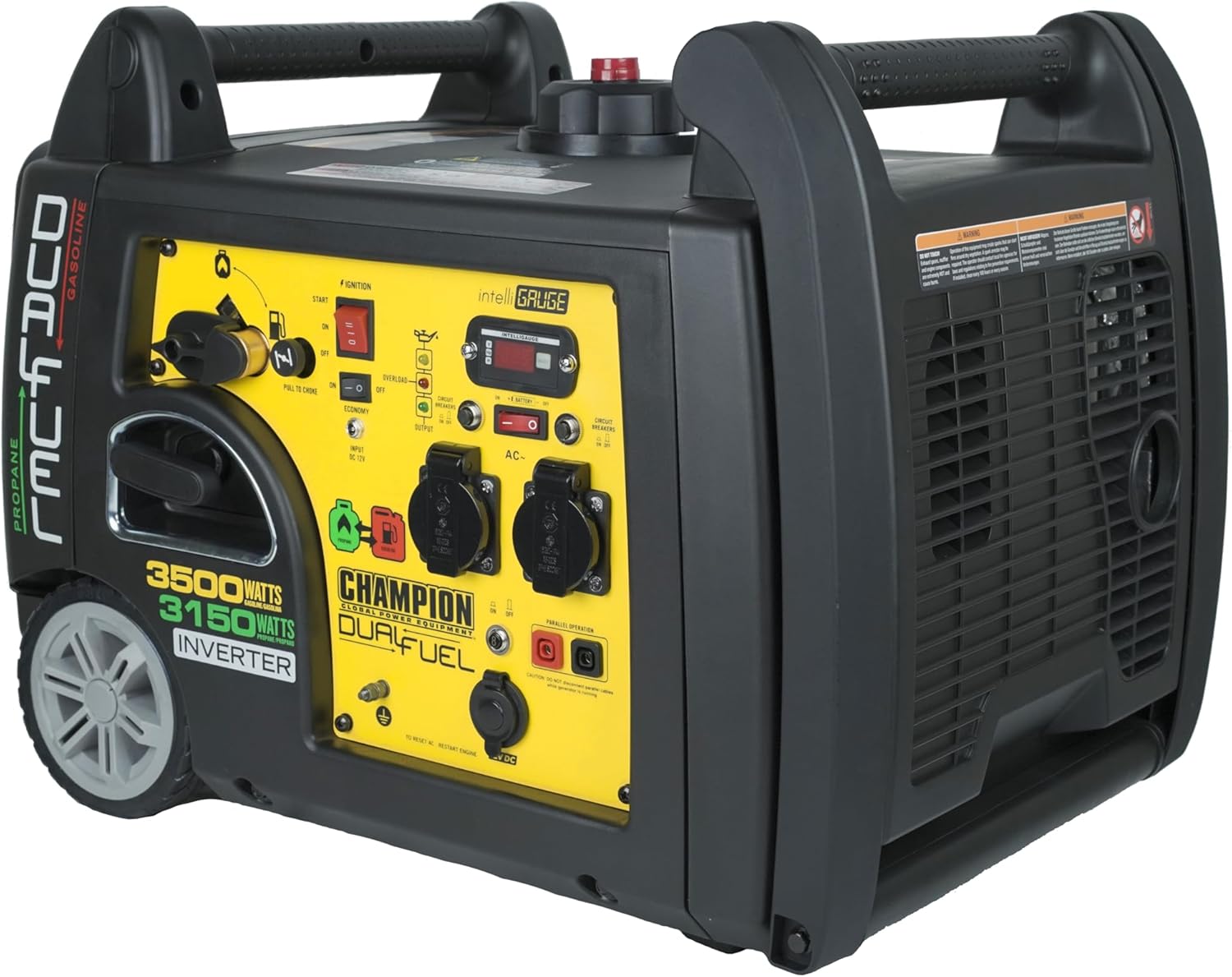 Bild von Champion Power Equipment mobiles Stromaggregat Benzin + Gas (3100 Watt, tragbarer Inverter, Generator, extrem leise, mit integriertem Griff und Radsatz, ideal für Outdoor + Camping) 73001i-DF-EU, Gelb