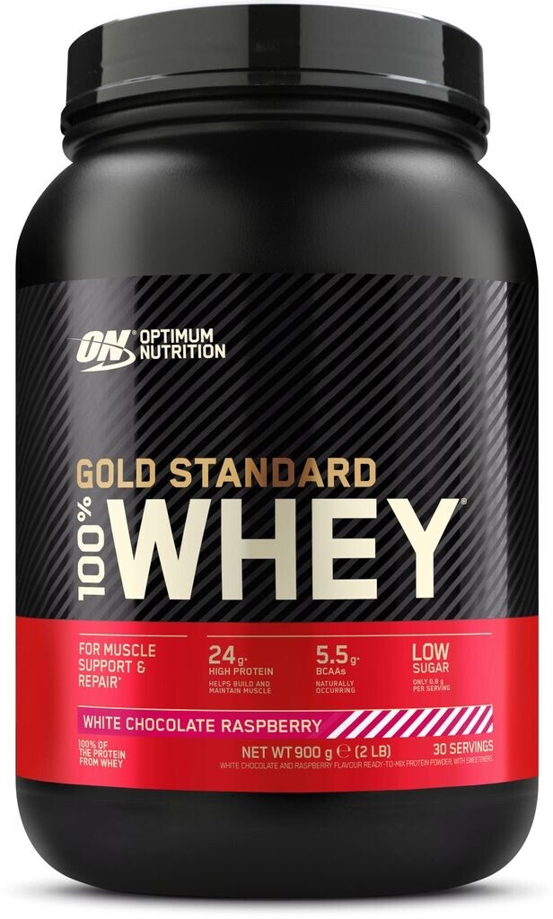 Bild von Optimum Nutrition Gold Standard 100% Molkenproteinpulver für Muskelaufbau und -regeneration mit natürlich vorkommendem Glutamin und BCAA-Aminosäuren, White Chocolate Raspberry, 30 Portionen, 900 g