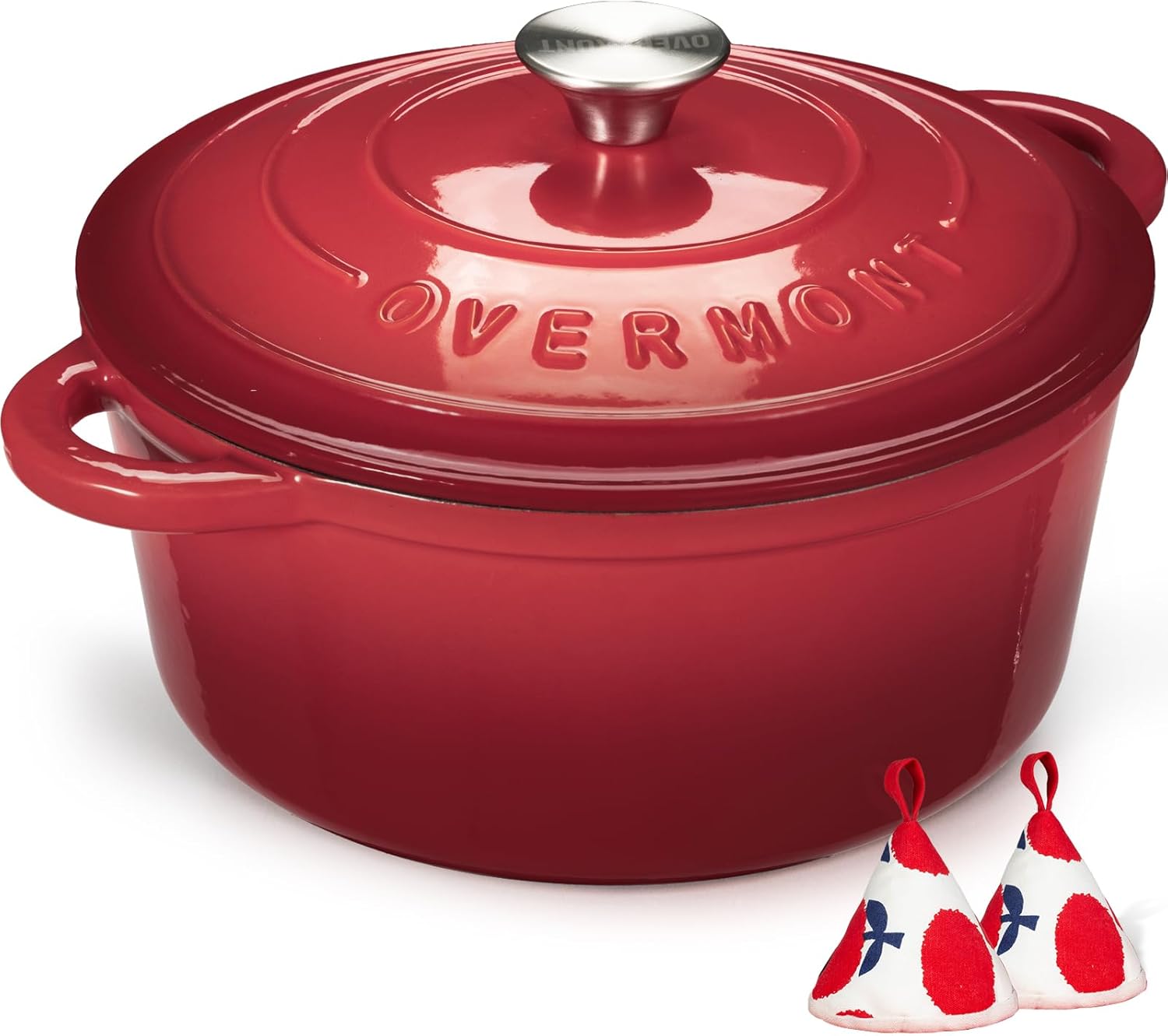 Bild von Overmont Schmortopf Gusseisen Topf 26cm - Emaille Bräter mit Deckel backofengeeignet - mit Kochbuch - für Küche Backen Schmoren Braten Rot