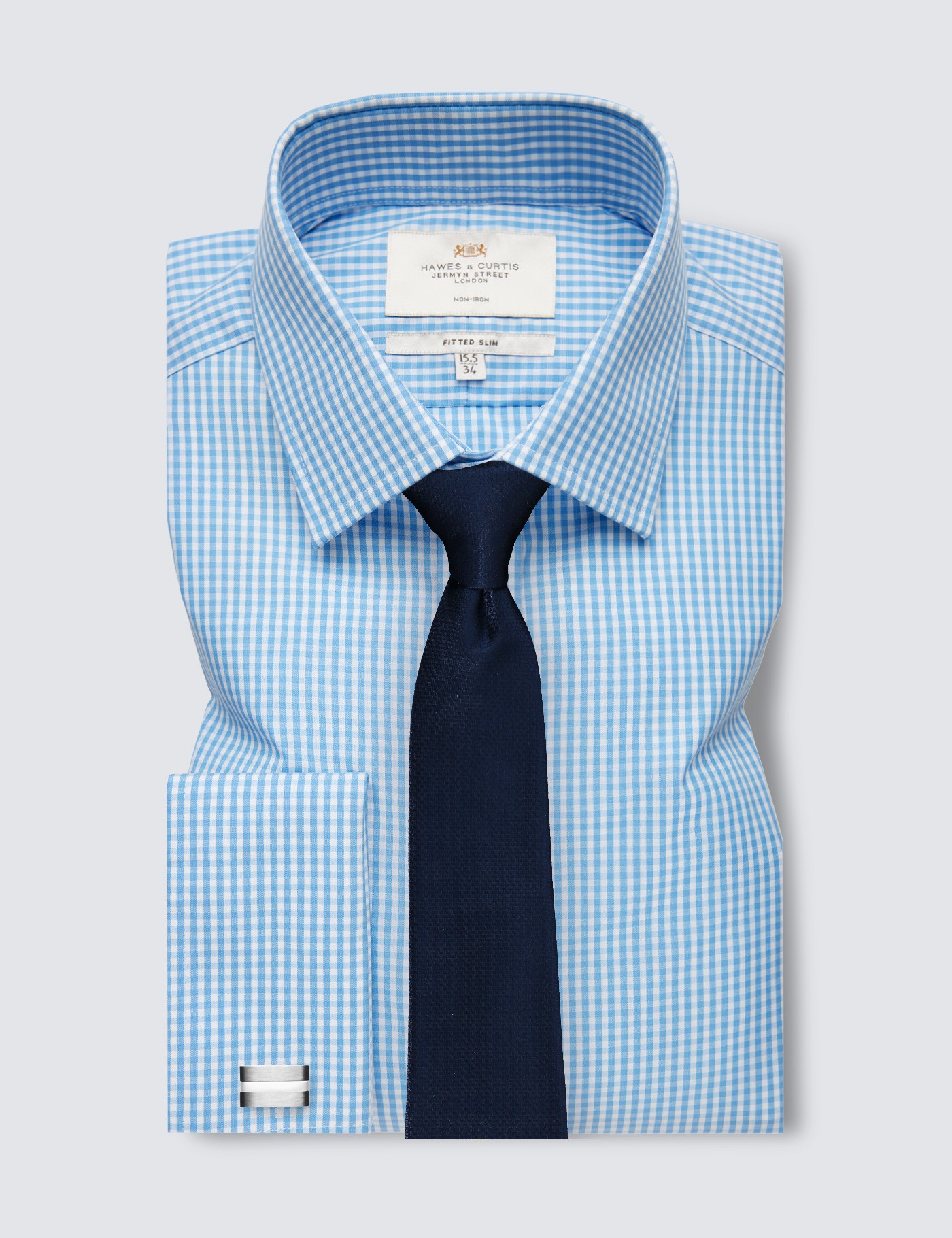 Bild von Hawes & Curtis Bügelfreies Businesshemd – Fitted Slim Fit – Manschetten – blau weiß Gingham Karo Blau/Weiß Bügelfrei Kariert Men's