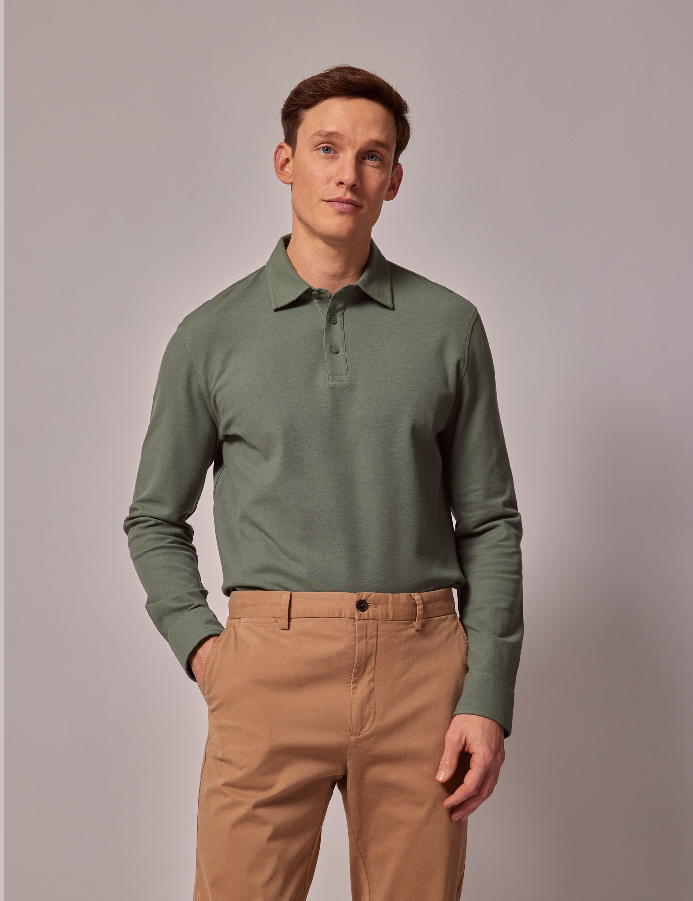 Bild von Hawes & Curtis Langarm Poloshirt – mercerisierte Baumwolle – grün Uni Men's