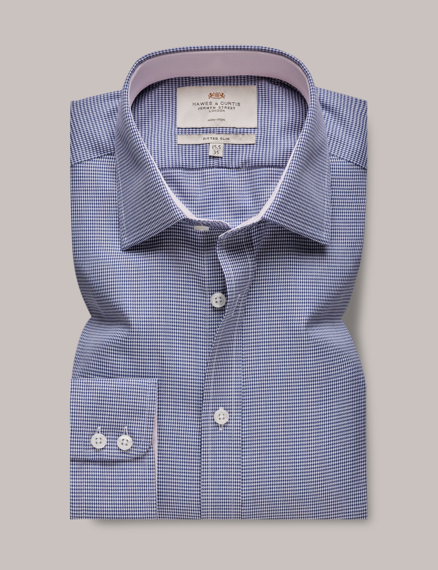 Bild von Hawes & Curtis Bügelfreies Businesshemd– Fitted Slim Fit – Kontrastkragen – Hahnentritt Blau Rosa Marineblau/Weiß Bügelfrei Kariert Men's